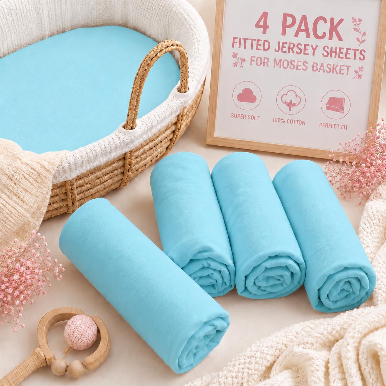 BABYMAM 4 Pack Jersey Fitted Sheets 75 x 30 cm for Moses Basket, Pram Carrycot & Bassinet, 100% Cotton Jersey, Soft Breathable Stretch Fitted Baby Mattress Sheets, Elasticated All Around (Blue)