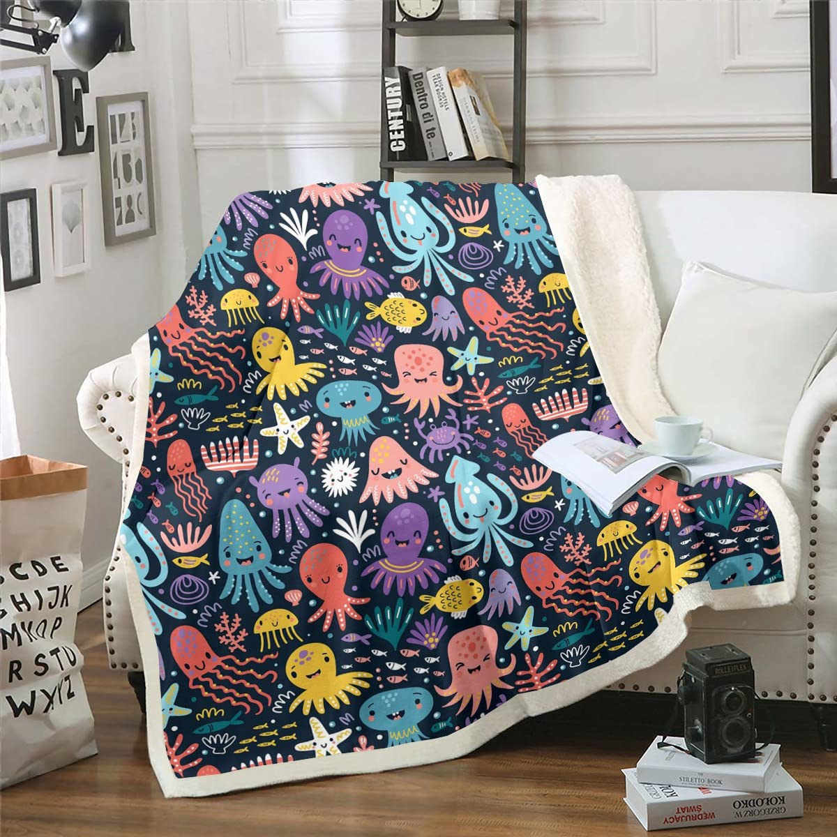 Ocean Sherpa, coperta coperta in pile per bambini, ragazzi, ragazze, oceano, marino, fuzzy marino, per divano letto, queen 200 x 200 cm
