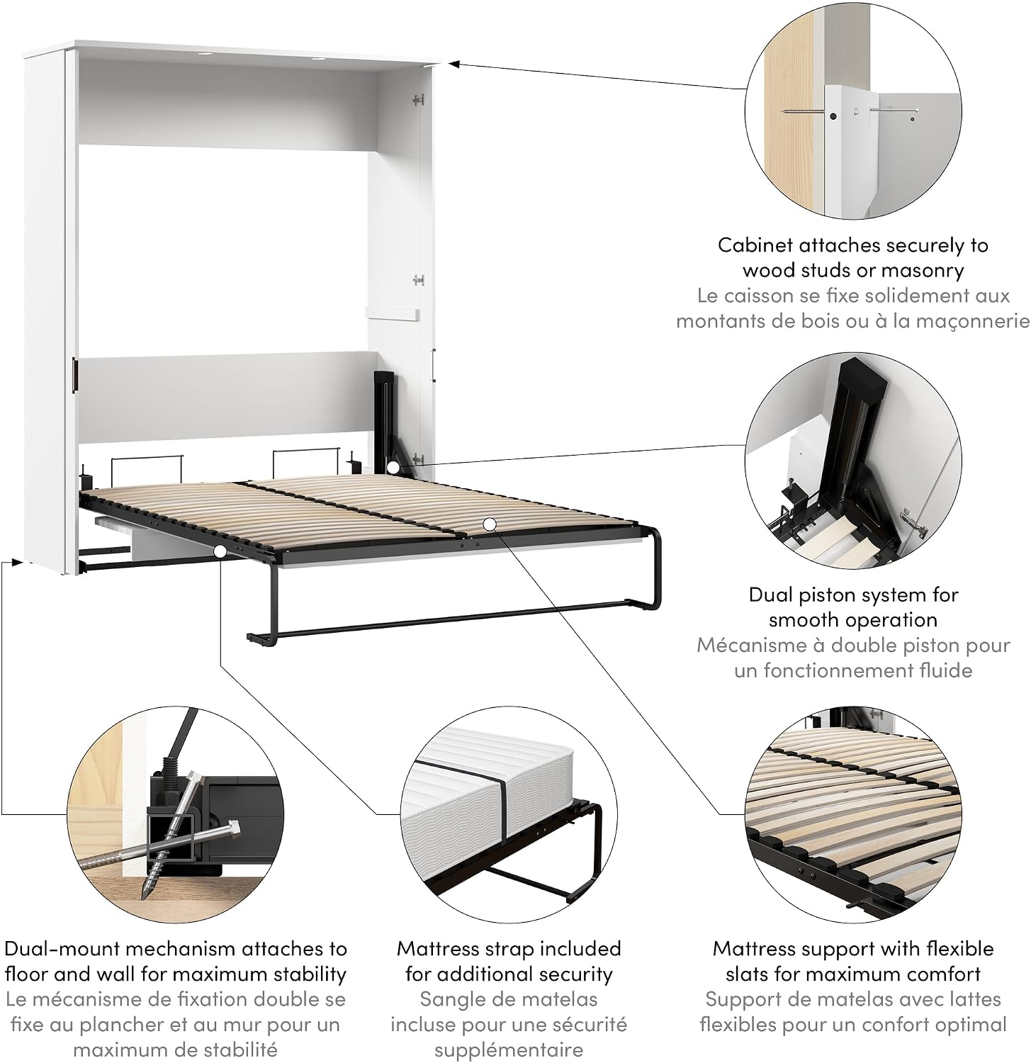 Bestar Lumina 68W Queen Murphy Bed with Desk in White, Sleeping Arrangement for Guest Room and Home Office