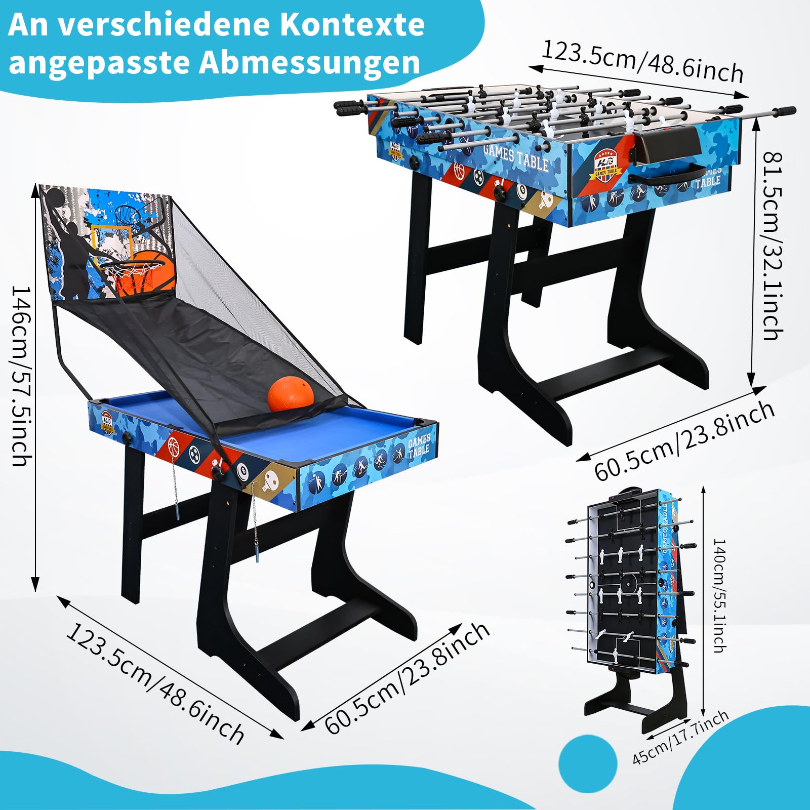 hotsizz 5-in-1 Faltbar multifunktionstisch,Tischfussball/Billardtisch/Tischtennisplatte/Airhockey Tisch/Basketballkorb, EIN Spieltisch, der für Erwachsene und Kinder geeignet ist