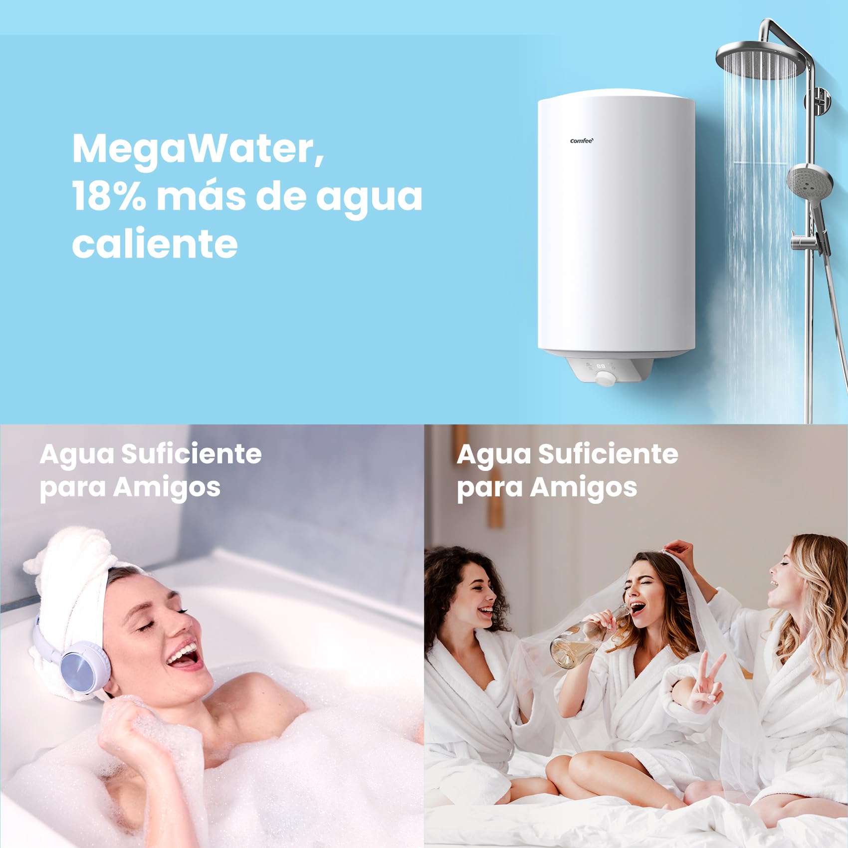 COMFEE' D50-15EFG Calentador de agua eléctrico mural de Accumolo 50 L Sobre fregadero de acumulación Compacto fácil de instalar, Blanco | Control Remoto por APP, Tamaño Compacto, Fácil Instalación, Clase B, 1500W Calentamiento rápido, Montaje sin Retaladr
