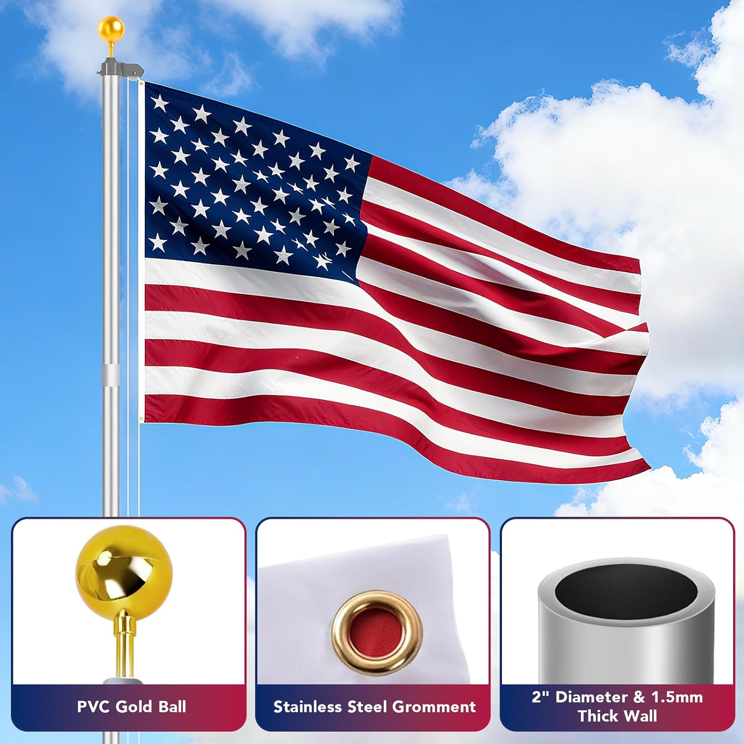 20FT Heavy Duty Flagpole Kit - 2 Inch Diameter Aluminum Flag Pole, 1.5mm Thick Wall, Complete Set with Polyester Flag & Ground Sleeve, for Yard, House, Commercial Outdoor Use - Image 5
