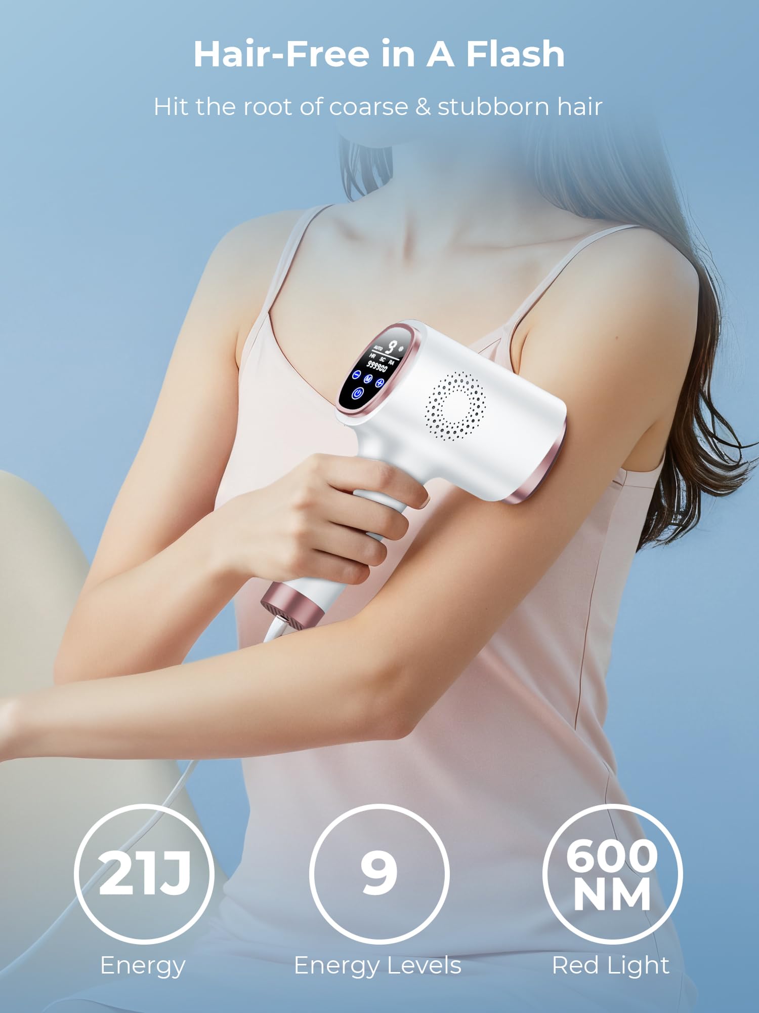 Epilatore Luce Pulsata con Funzione di Raffreddamento, Onda Luce 600-1200 NM, Epilatore Laser con 9 Livelli di Energia Max 21 J, Schermo LCD Touch Screen per Bikini, Ascelle, Viso e Corpo - 3