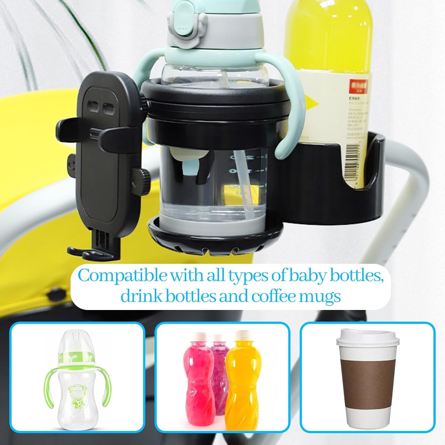 4-in-1 Universal Stroller Cup Holder with 360° Phone Mount - Adjustable Drink & Phone Holder for Strollers, Wheelchairs, Bikes, and Scooters 【Black】