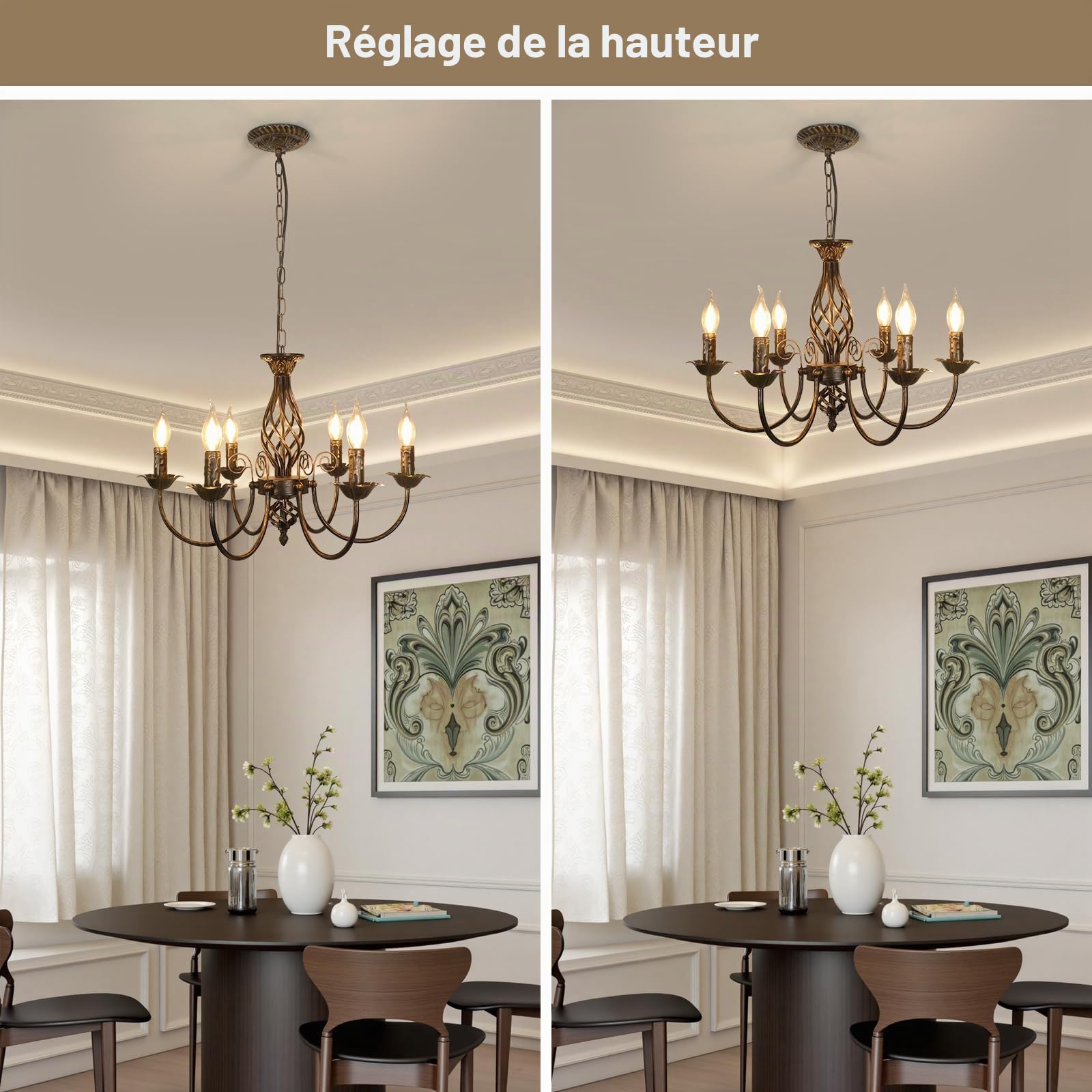 Comely Lustres Rétro Fer Pendentif, Réglable Hauteur Suspension Luminaire | Lustre Fer Forgé, Bougie Classique Noir E14 Chandelier pour Manger Cuisine