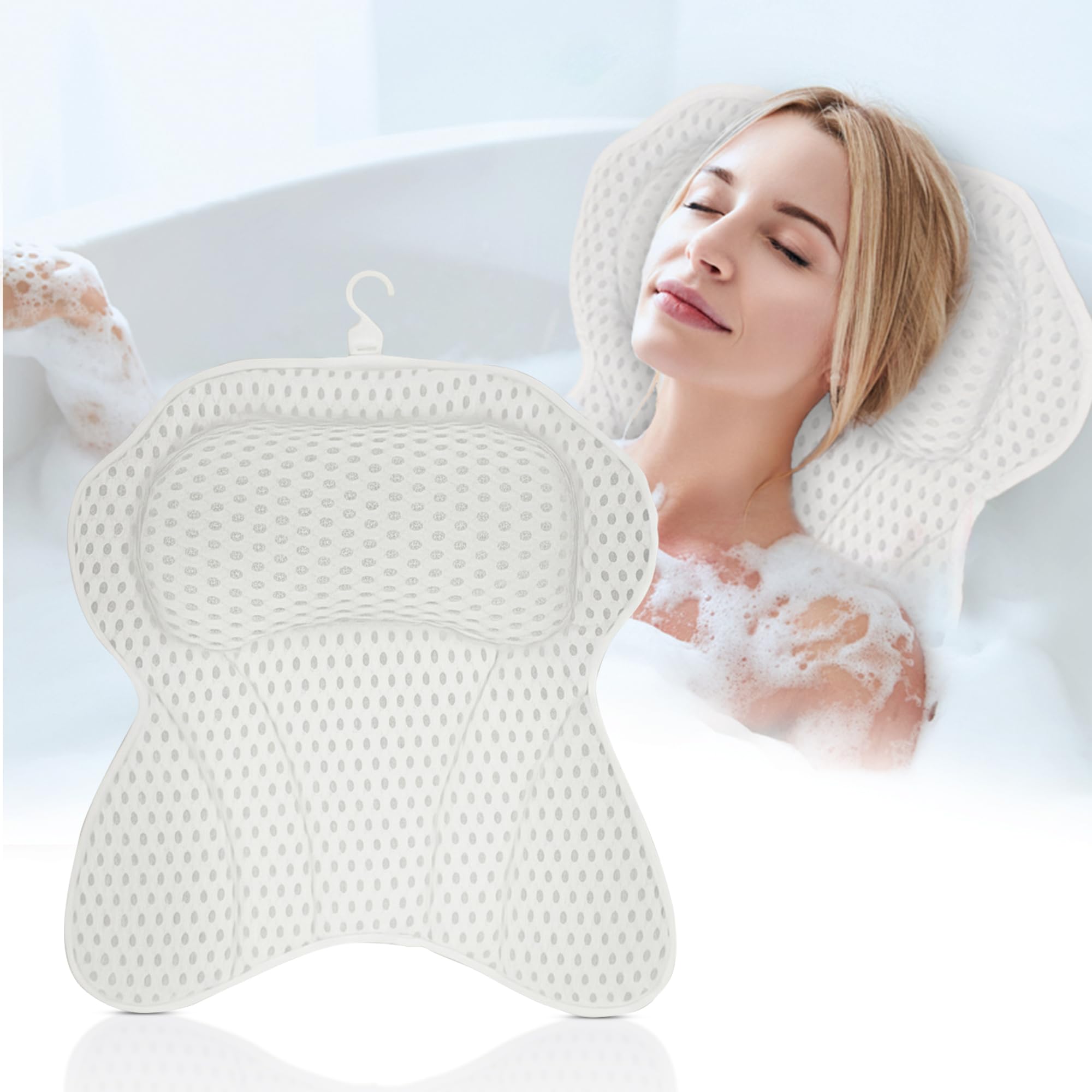Leodera White L Bath Pillow - Bath Pillow For Bathtub - Ergonomic Neck Pillow For The Bath - Bath Pillow With 6 Extra Strong Suction Cups - Bath Accessories