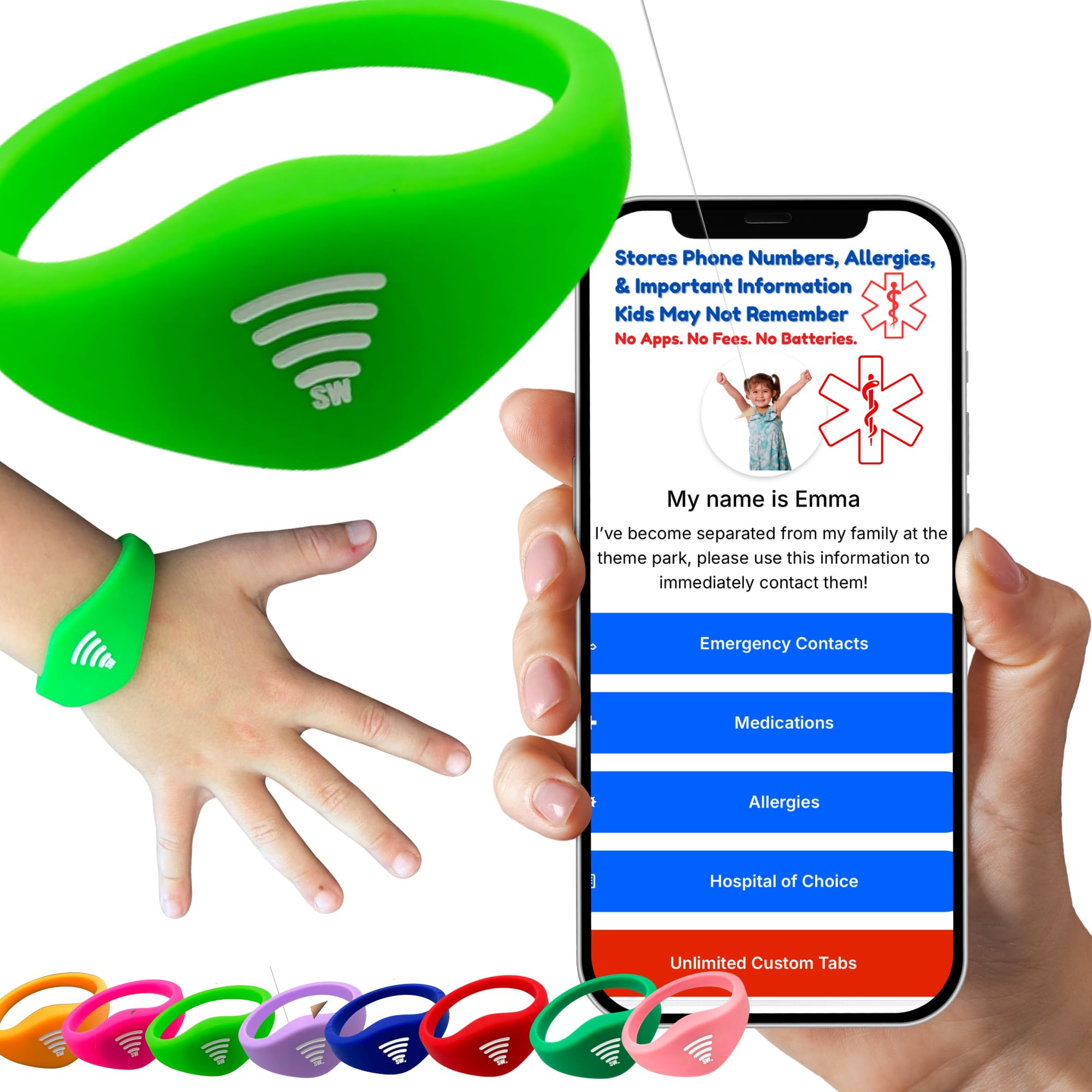 Kids ID Bracelet – Fitted NFC Safety Wristband, Slip-On Child ID Band for Emergency Contact Info, Waterproof Silicone, Not GPS, Wear on Wrist or Ankle, Ideal for Theme Parks, Travel & Beaches