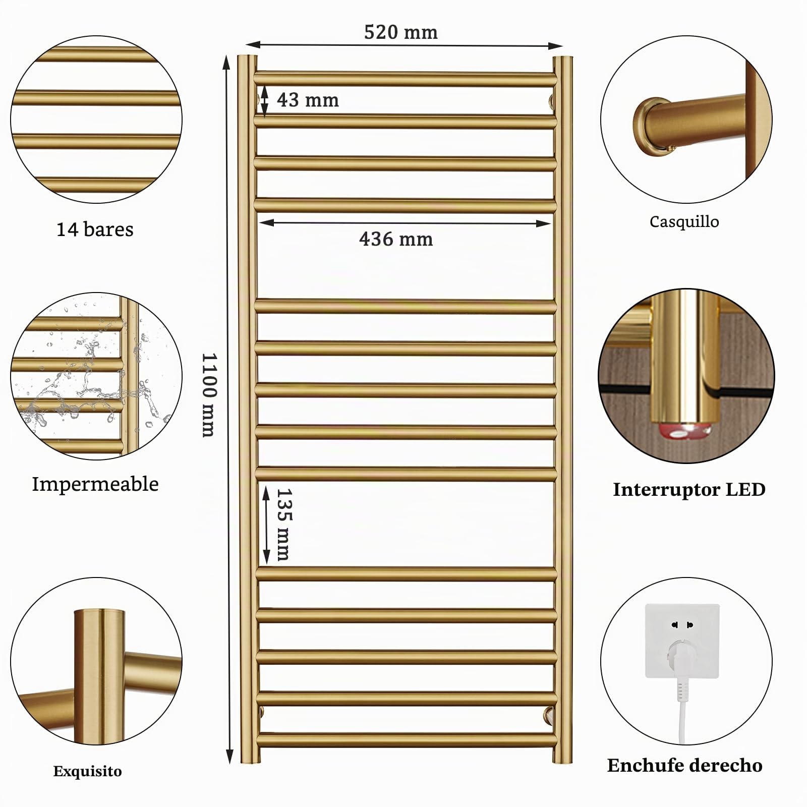 Radiador Toallero Eléctrico Baño Dorado Calentador de Toallas 162 W | Bajo Consumo, Acero Inoxidable, IP44 Impermeable, 110x52x12cm Instalación en la Pared, Fácil de Limpiar, con EU Enchufe
