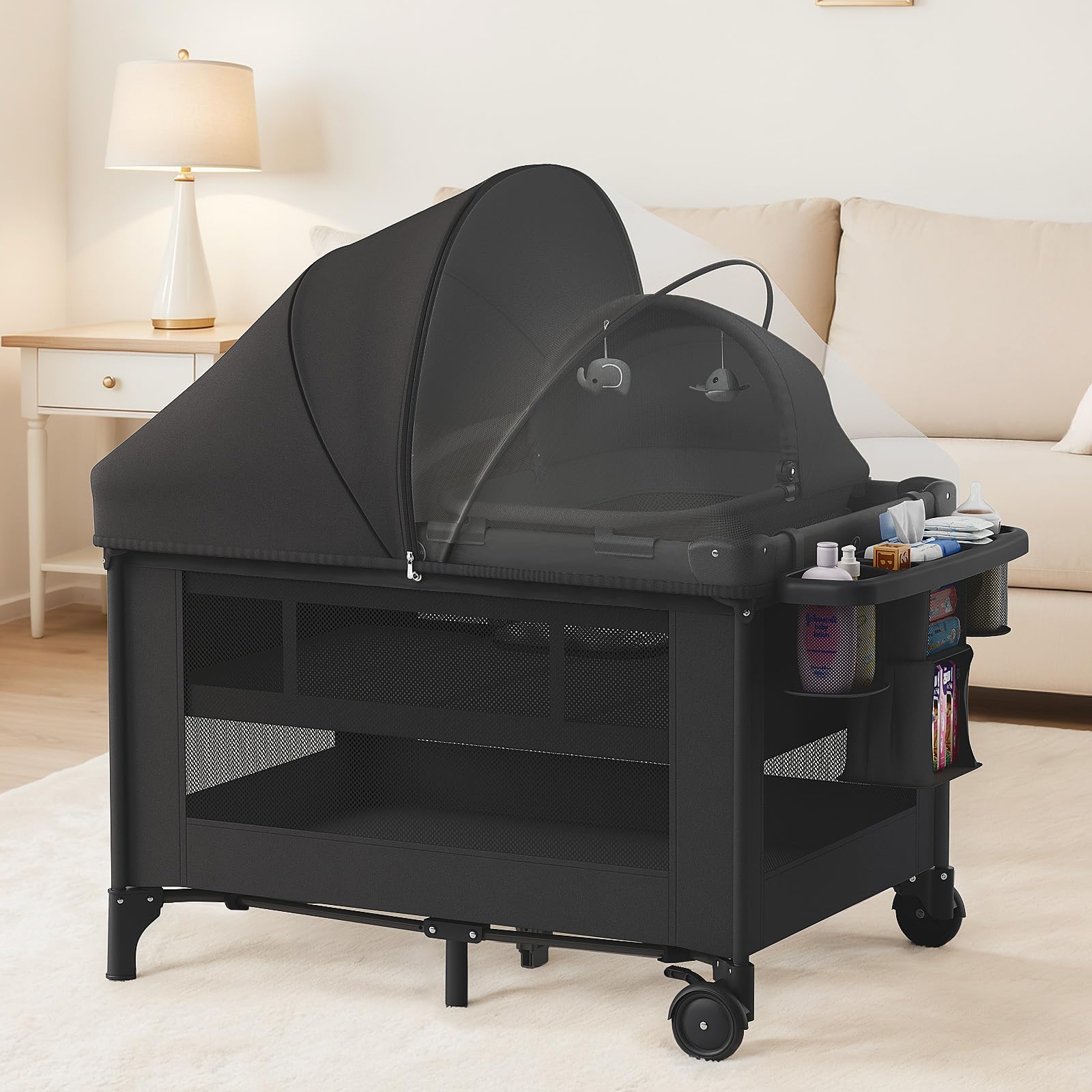 Obee Odee 4-in-1 Baby Bassinet with Playard, Napper Bassinet, Changing Table, Mosquito Net & Canopy, Storage and Toys for Newborn to Toddler