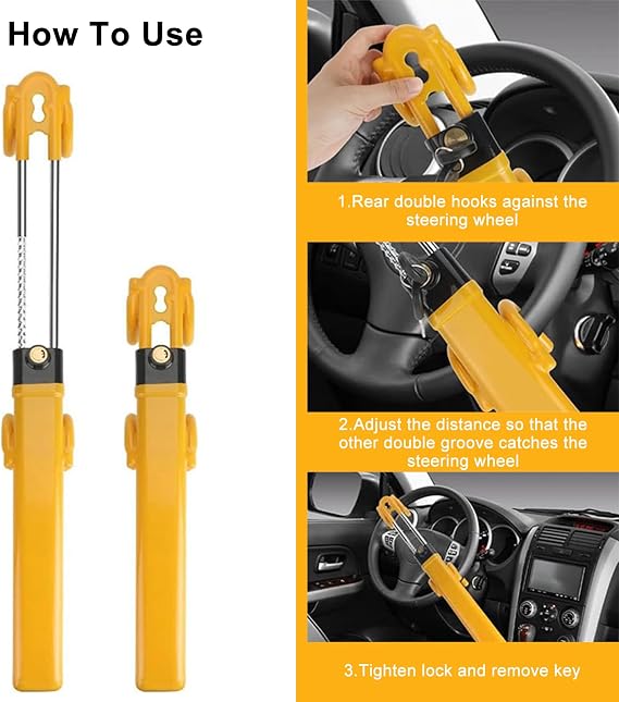 Steering Wheel Lock Twin Bar, Car Steering Wheel Locks, Universal Steering Lock Heavy Duty High Visibility Universal Fit for Cars, SUVs, Motorhomes, Caravans, 2 Keys