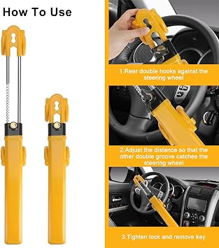 Steering Wheel Lock Twin Bar, Car Steering Wheel Locks, Universal Steering Lock Heavy Duty High Visibility Universal Fit for Cars, SUVs, Motorhomes, Caravans, 2 Keys