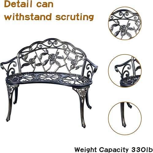 Miniatura 5 de JARDIN DE CENTENNIAL Banco de jardín para patio, banco de parque de metal, muebles de aluminio fundido para exteriores con rosa floral para patio,
