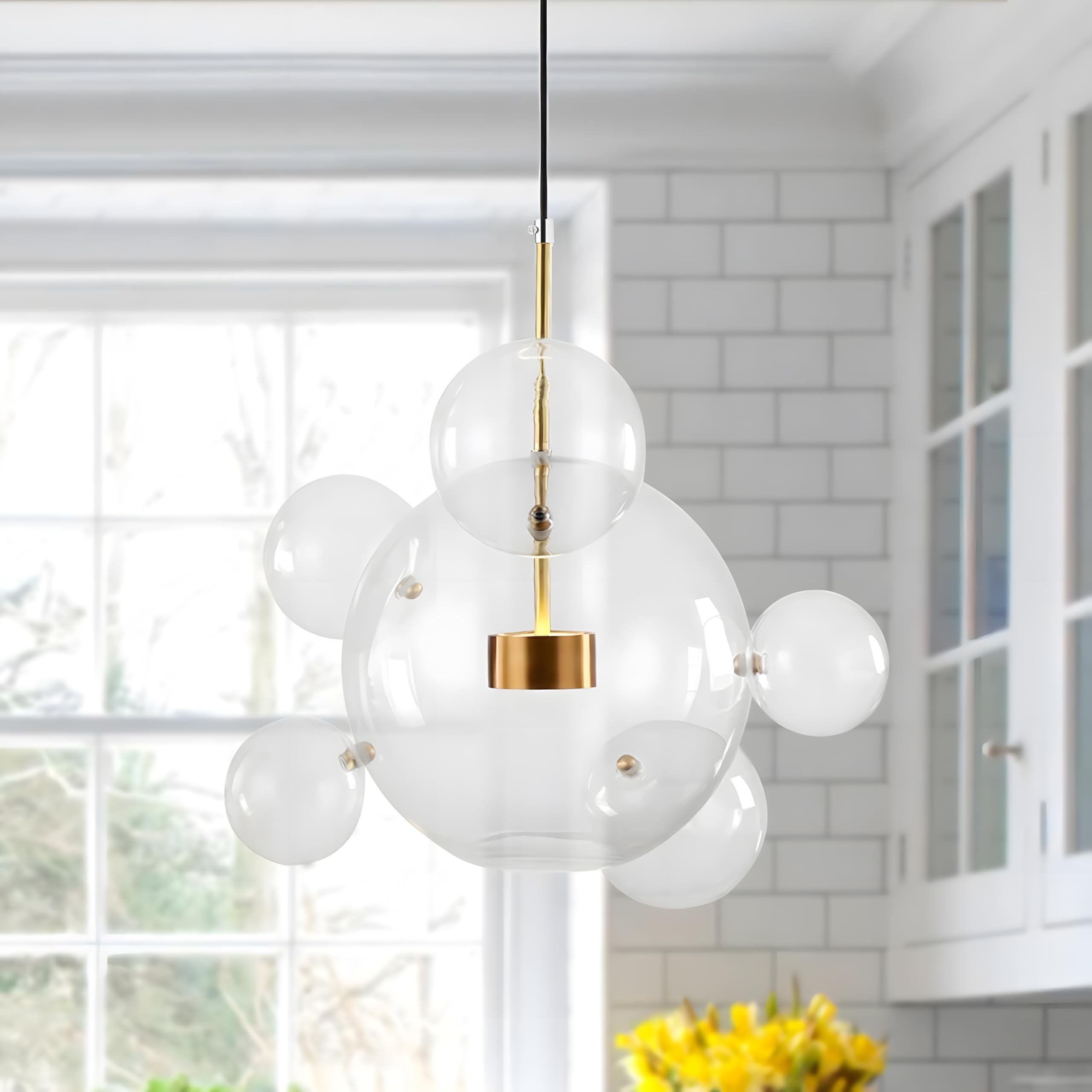 Lampadario KCO Lighting - 6 Luci, Vetro Lattimo, Bianco E Oro, Per Isola Cucina