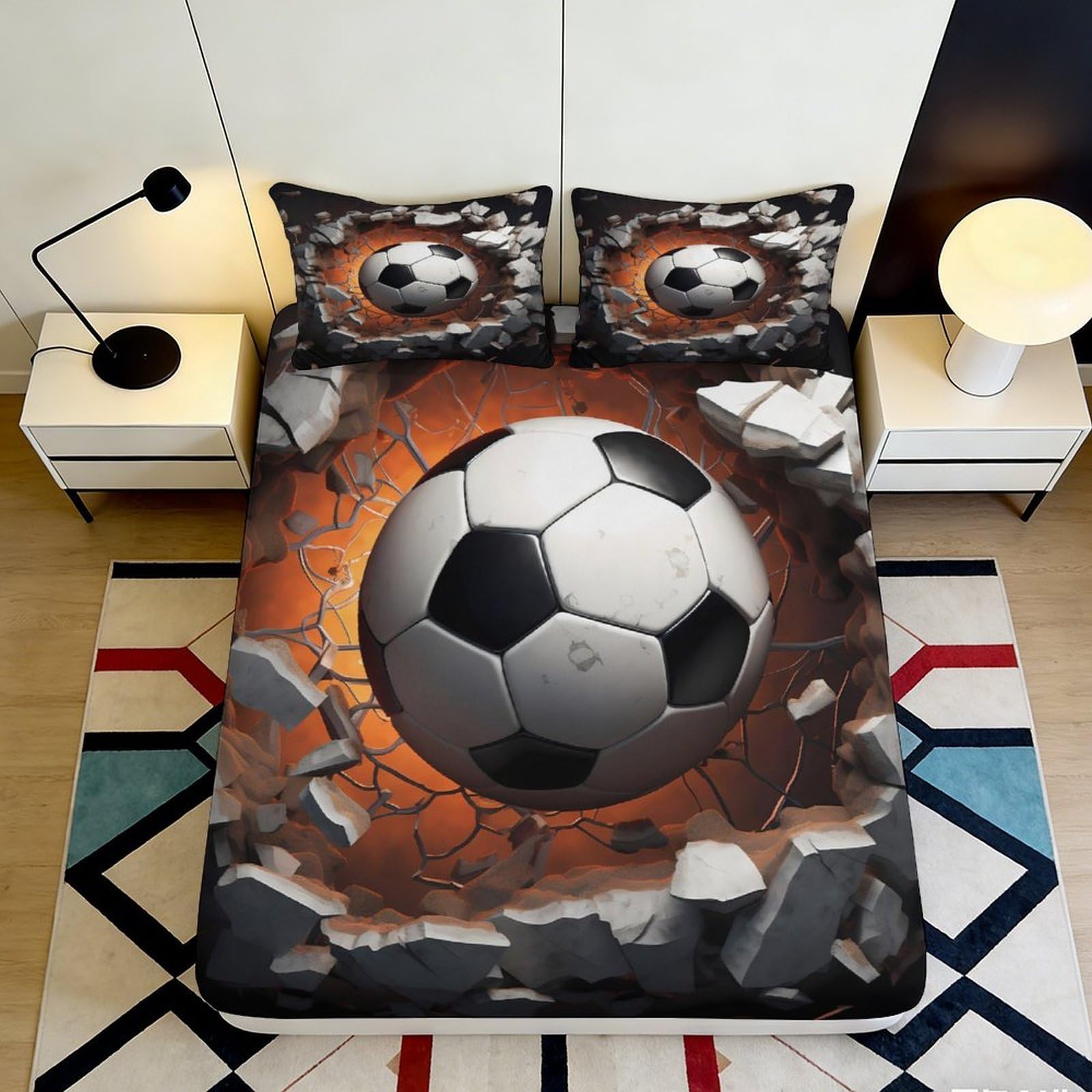 3D Printed Soccer Ball Explosion Fitted Sheet Microfiber Anti-Slip Bed Cover for Bedroom Dorm Mattress Protection 160x200x25cm