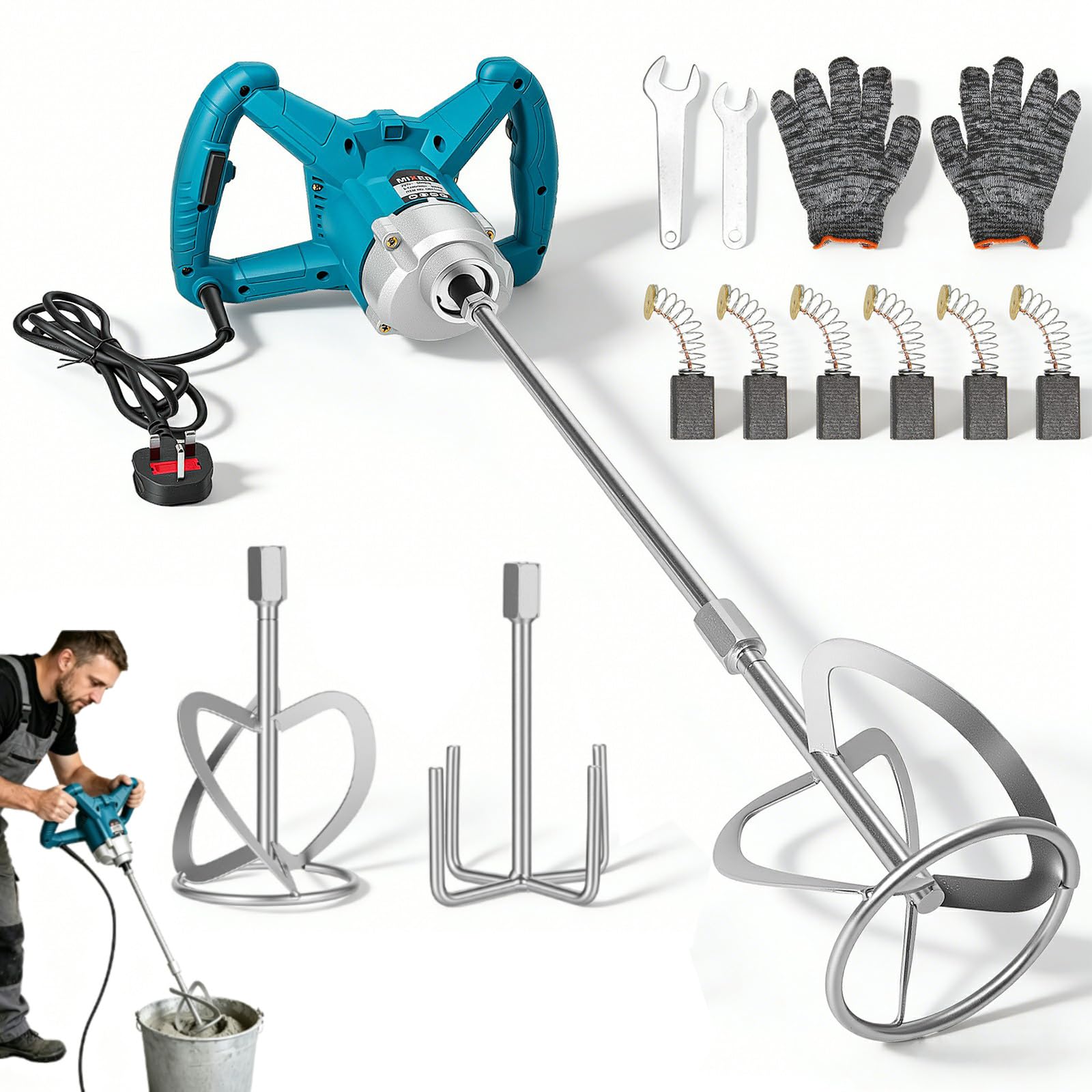 Cement Mixer 3200W Electric Concrete, Plaster Paddle Mixer Mortar Paint Mixer with 6 Speed, Brushless Motor, Lock Switch, Max 1200 RPM, 2 Mixing Paddles, Portable Concrete for Mixing Fodder Mud Mortar