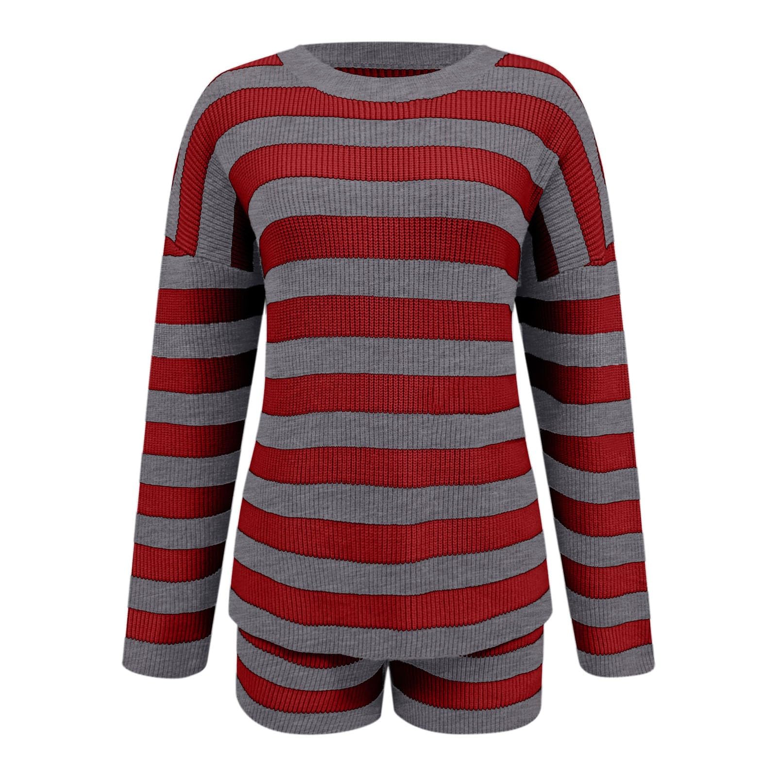 Maglione girocollo a righe con pantaloncini, comodo e casual, due pezzi, alla moda, autunno inverno