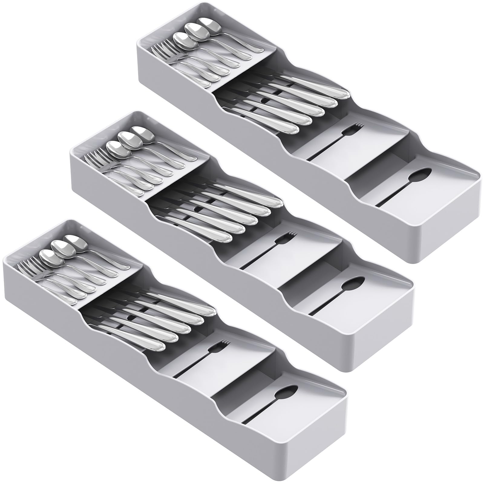 Lifewit Besteckkasten für Schubladen, Besteck Organizer Tiefe 40 cm, 4 Fächer Besteckkorb Besteckhalter, kompakter Organizer Küche aus Kunststoff für Löffel/Gabeln/Messer, Grau, 3 Stück