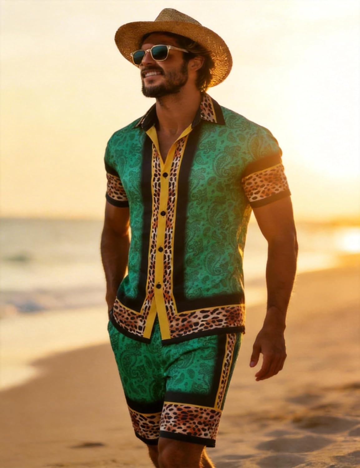 Mens Hawaiian Shirt Sets Satin Silk Casual Button Down Shirts 2 Piece Luxury Summer Beach Outfits for Men