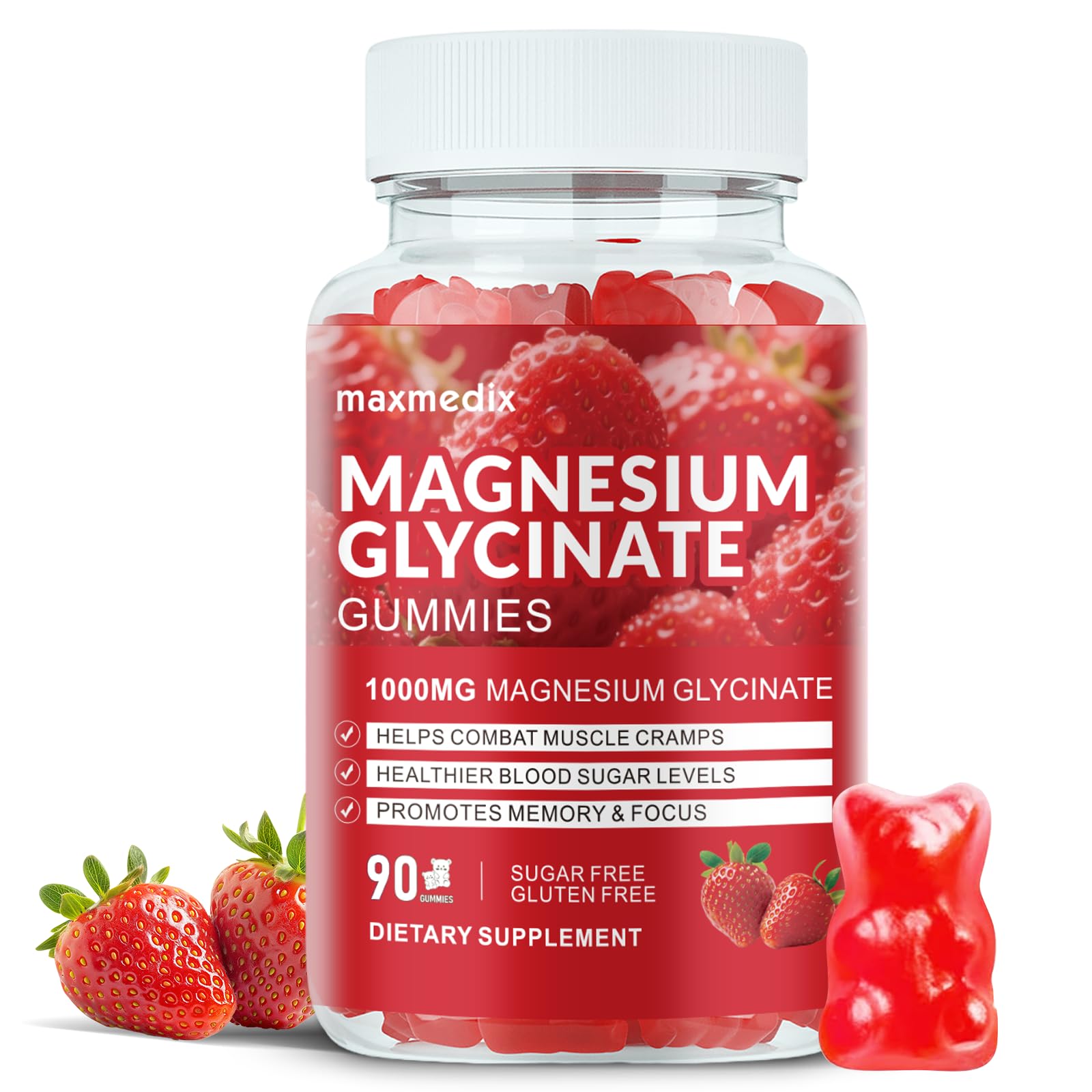 Magnesium Glycinate Gummies 1000mg, Sugar Free Magnesium Potassium Supplements Chewable for Adults with L-Threonate for Sleep, Body Support and Relaxation,90 Strawberry Gummies