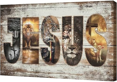 Vista 30 de Póster en lienzo con imágenes de Jesús, león y cordero, impresión en lienzo con texto en inglés "God Bible Christian Religios" para pared, pintura