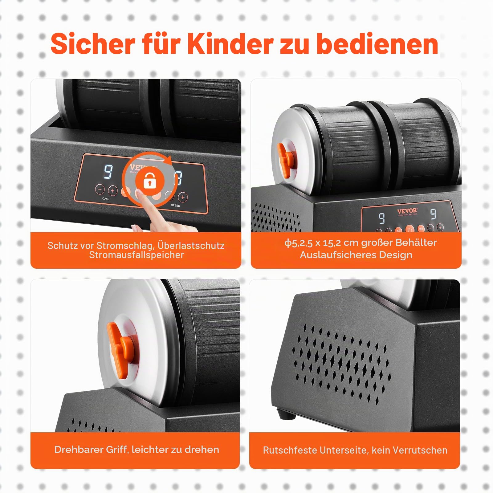 VEVOR Steinpoliermaschine Doppeltrommel-Steinpoliermaschine 9 Geschwindigkeitsstufen, 9-Tage-Poliertimer Steinpolierer Direktantriebsmotor 35 dB leiser Rotationspolierer schwarz