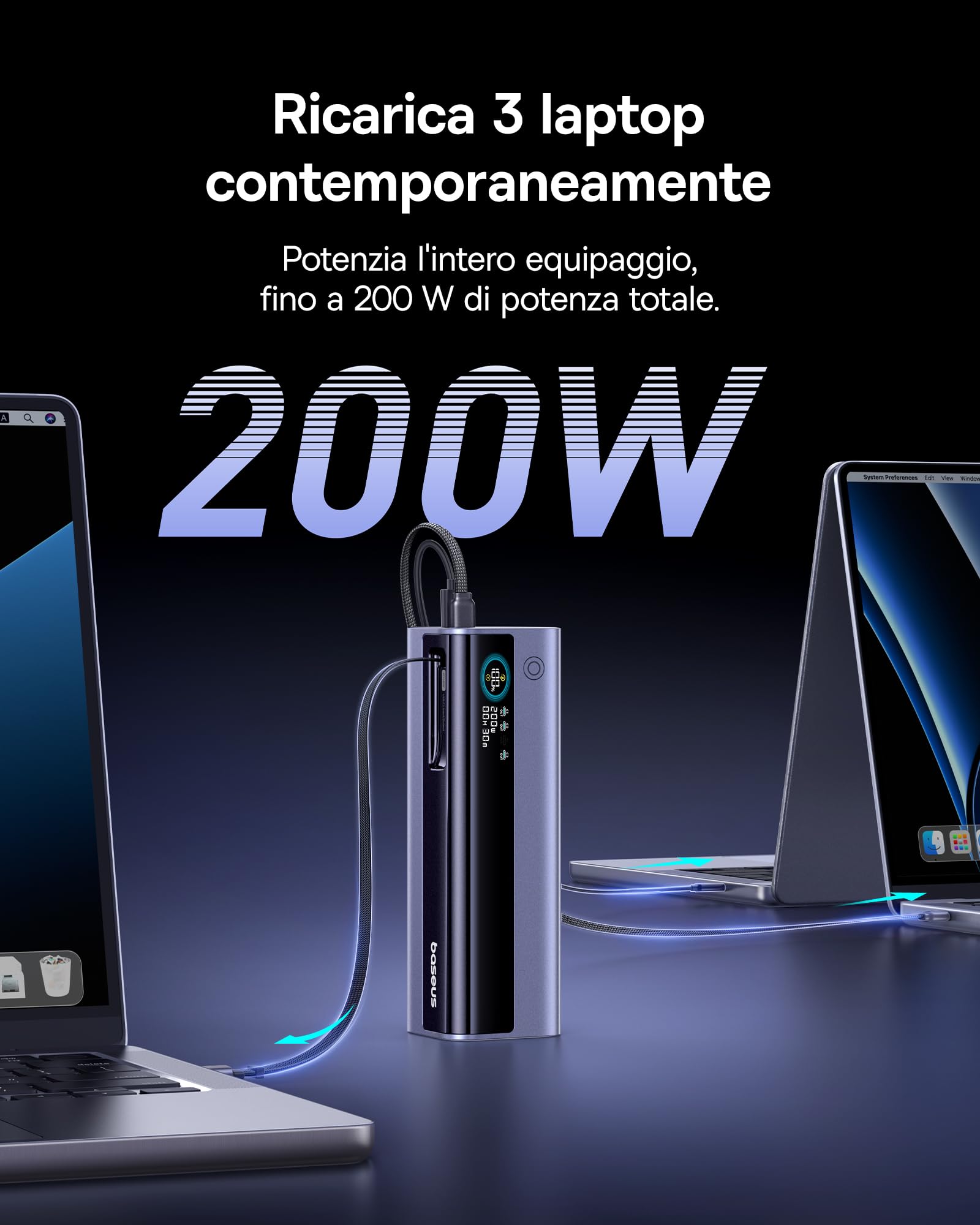 Baseus EnerGeek GR11 Powerbank 200W 25000mAh, PC Batteria Esterna con cavo USB-C Retrattile da 62 cm, Power Bank con Ricarica Rapida per MacBook Pro, Dell, HP, Samsung Galaxy S26/S25 Ultra, iPhone