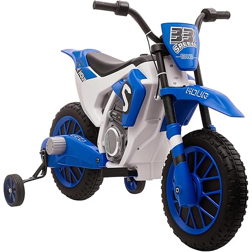 Aosom 12V Kids Motorcycle w/Treaded Tires, 5mph Top Speed Electric Bike for Kids, Ride On Motorcycle w/Training Wheels, Battery Charger, Spring Suspension, Blue