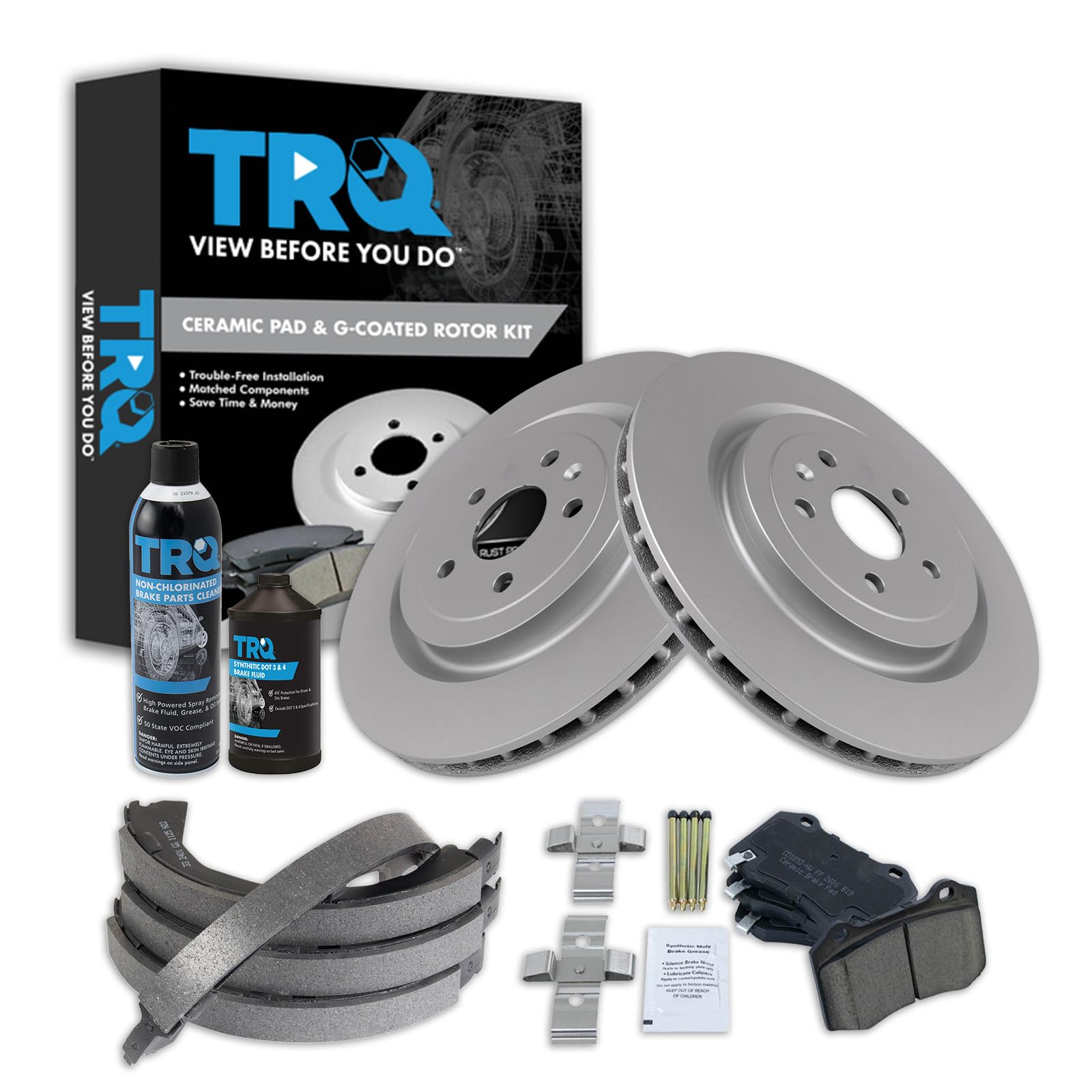 TRQ Rear Brake Pad &amp; Rotor Kit, with Chemical Kit Parking Brake Shoe Set Ceramic Premium G-Coated Compatible with 2009-2015 Cadillac CTS 2010-2015 Chevrolet Camaro