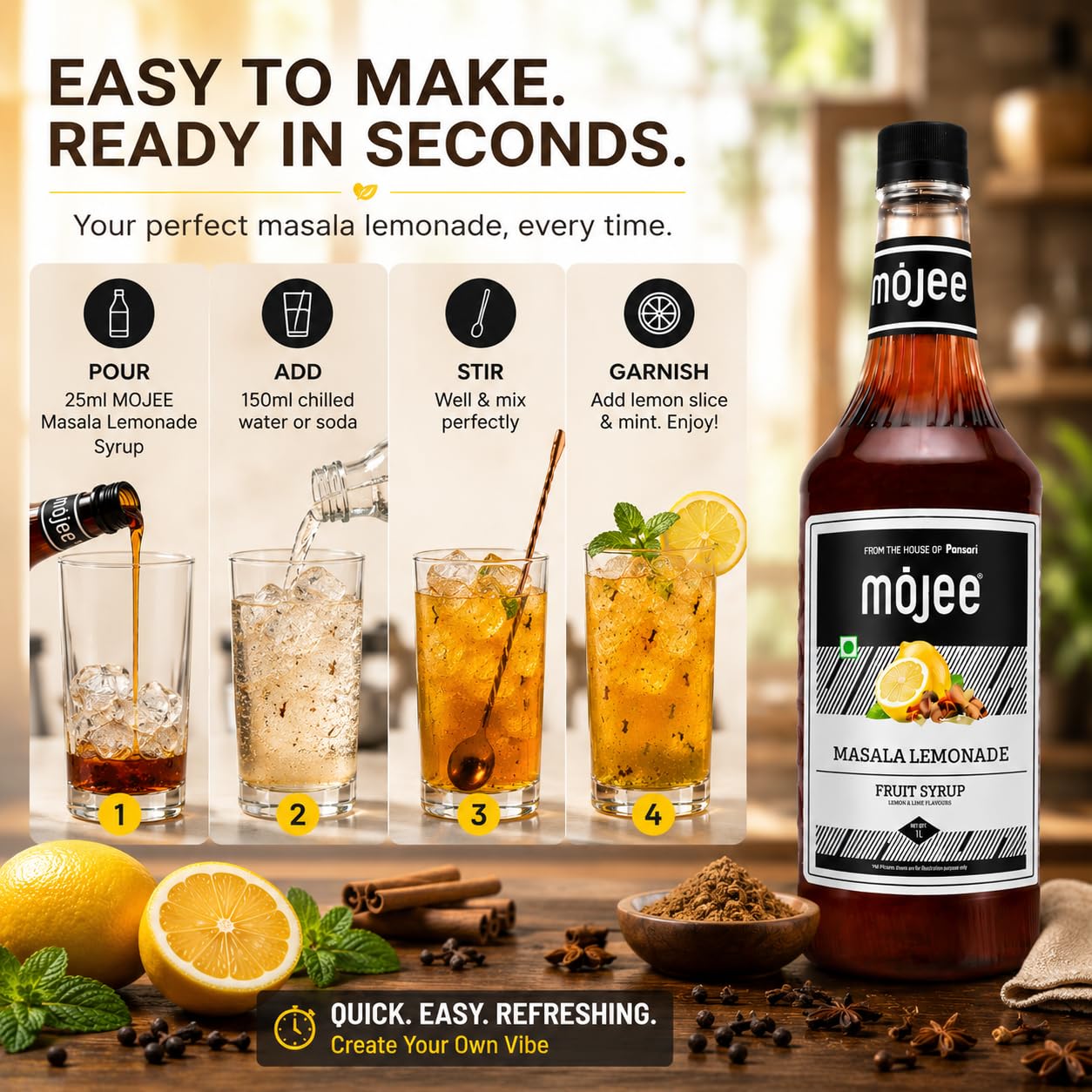 Mojee Masala Lemonade Syrup | Tangy & Spicy Lemon-Lime Flavored
