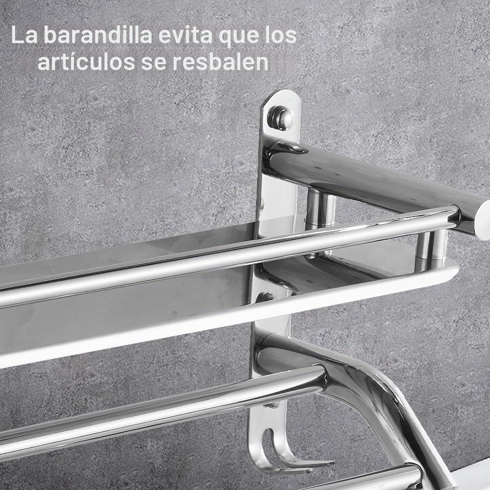 Toallero cromado de acero inoxidable con estante y ganchos, barra de toalla de baño de 59 cm, toallero para baño, cocina, inodoro