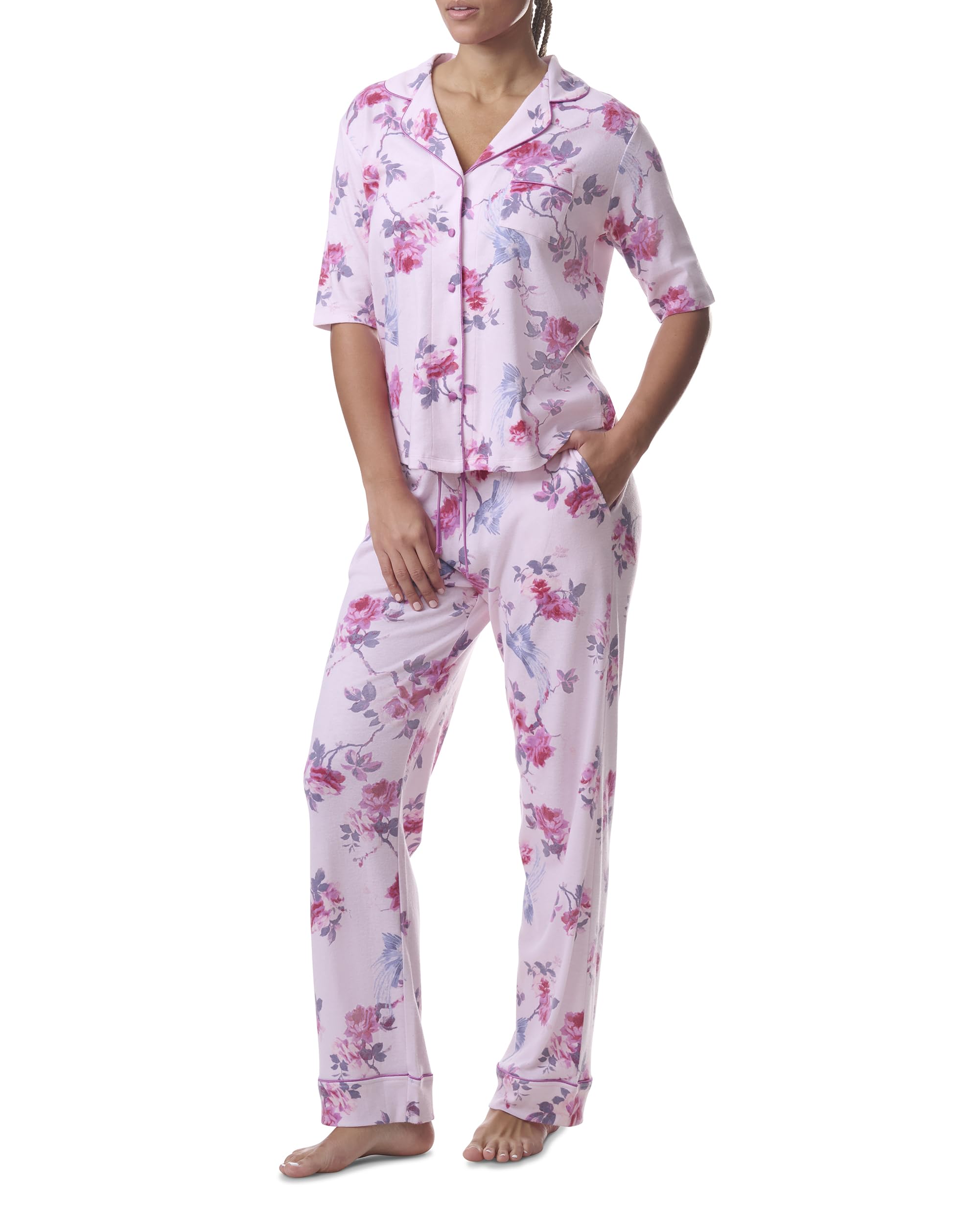 Karen Neuburger Women's Short-Sleeve Notch Collar Top and Pant Pajama Set