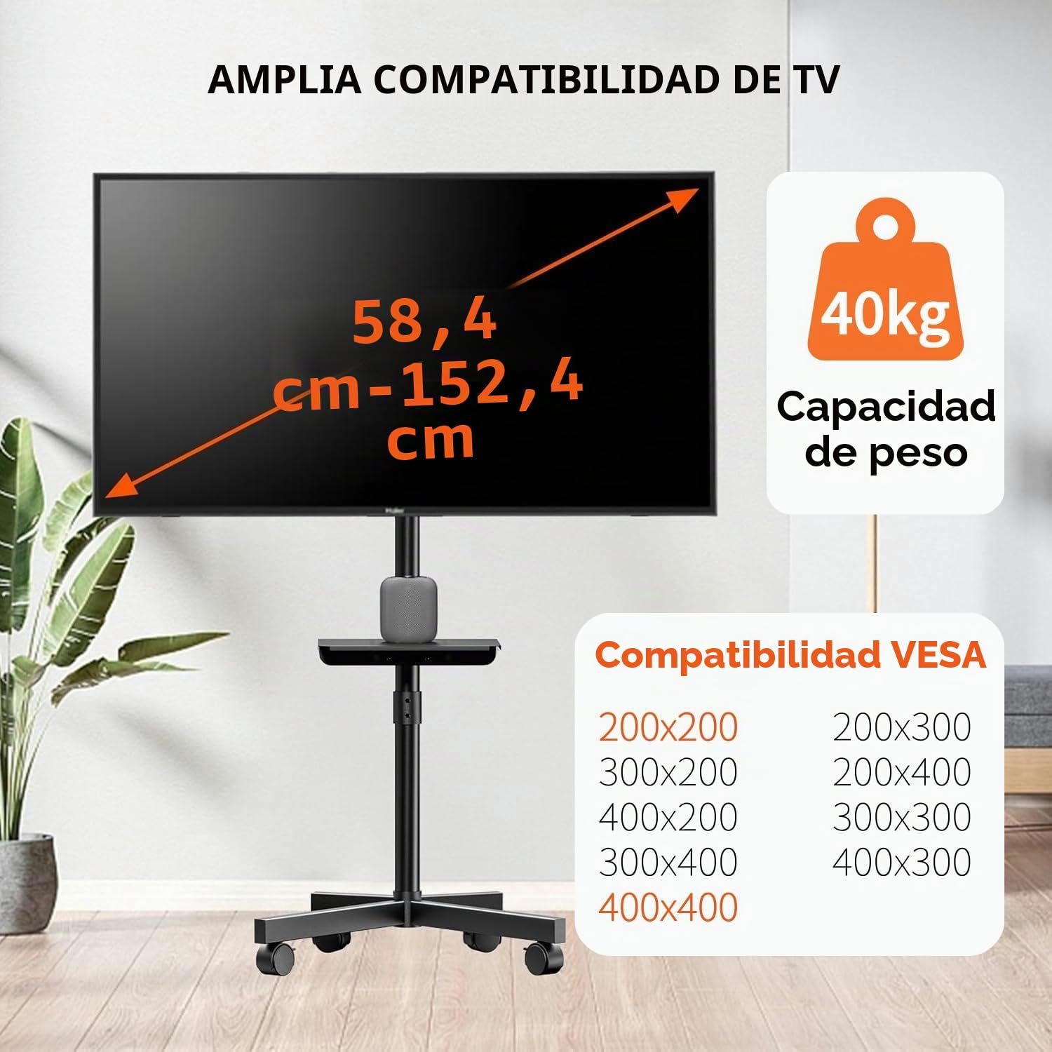 Soporte-TV Ruedas para televisores de 23-60 Pulgadas – Soporte-TV-pie móvil con Altura Ajustable, inclinable, Estante Multimedia y gestión de Cables, VESA hasta 400 x 400 mm, Carga 40 kg, Negro