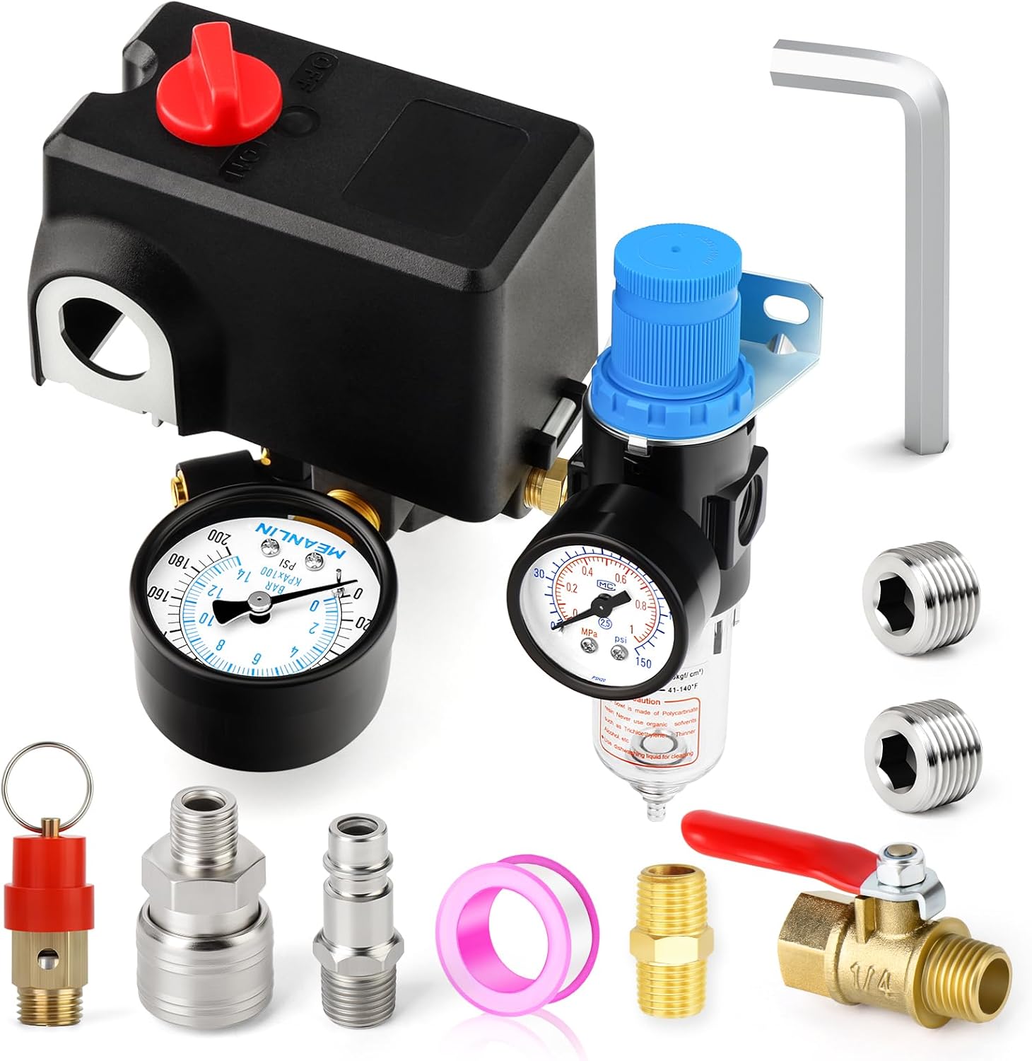 MEANLIN MEASURE Air Compressor Pressure Switch Control Valve 120-155 PSI 110V-240V 4-way Lateral Port Replacement Parts With AFR2000 Air Line Filter and Safety Pressure Relief Valve