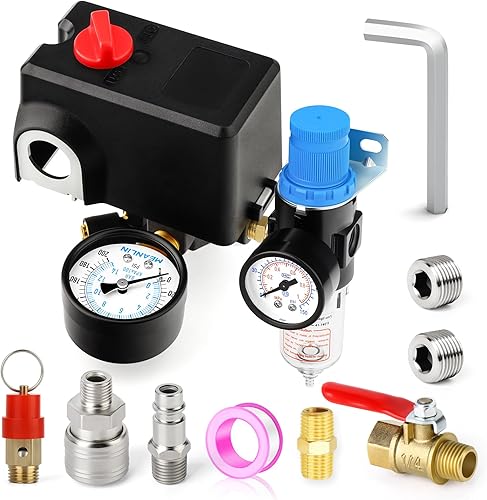 Miniatura 23 de MEANLIN MEASURE Válvula de control del interruptor de presión del compresor de aire 120-150 PSI 110V-240V Piezas de repuesto de 1 vía Con manómetro