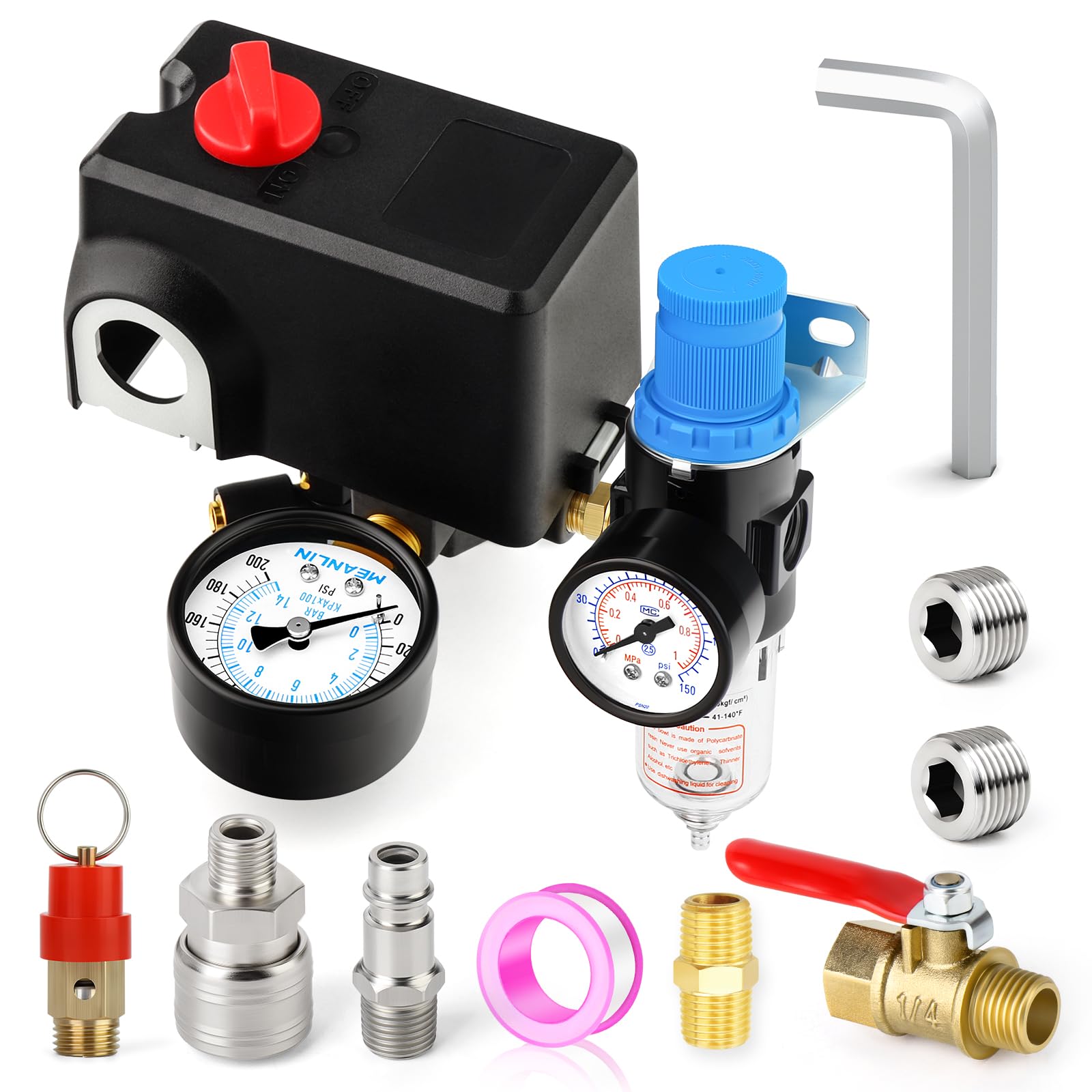 MEANLIN MEASURE Air Compressor Pressure Switch Control Valve 120-155 PSI 110V-240V 4-way Lateral Port Replacement Parts With AFR2000 Air Line Filter