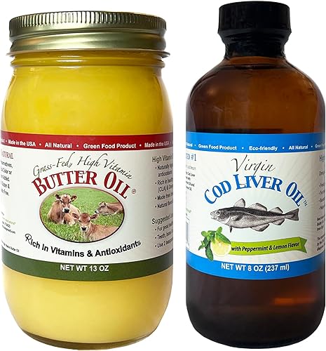 Aceite de mantequilla alto en vitaminas, (13 onzas) y aceite de hígado de bacalao virgen (8 onzas; sabor suave a limón y menta)
