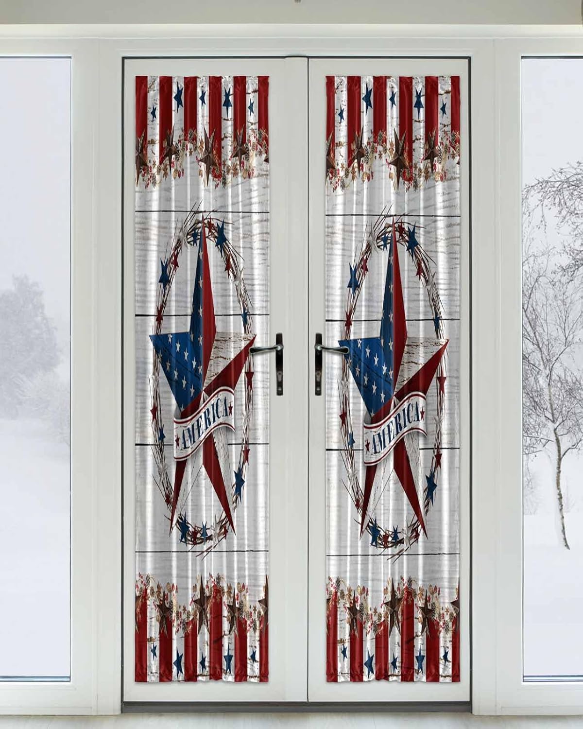 Star Flag Blackout Door Curtains for French, Glass,Front, Back, Patio Door, Thermal Insulated Rod Pocket Window Curtain Drapes With Tiebacks, Country Farmhouse Star Berry Shabby Chic Wood 54"x72"