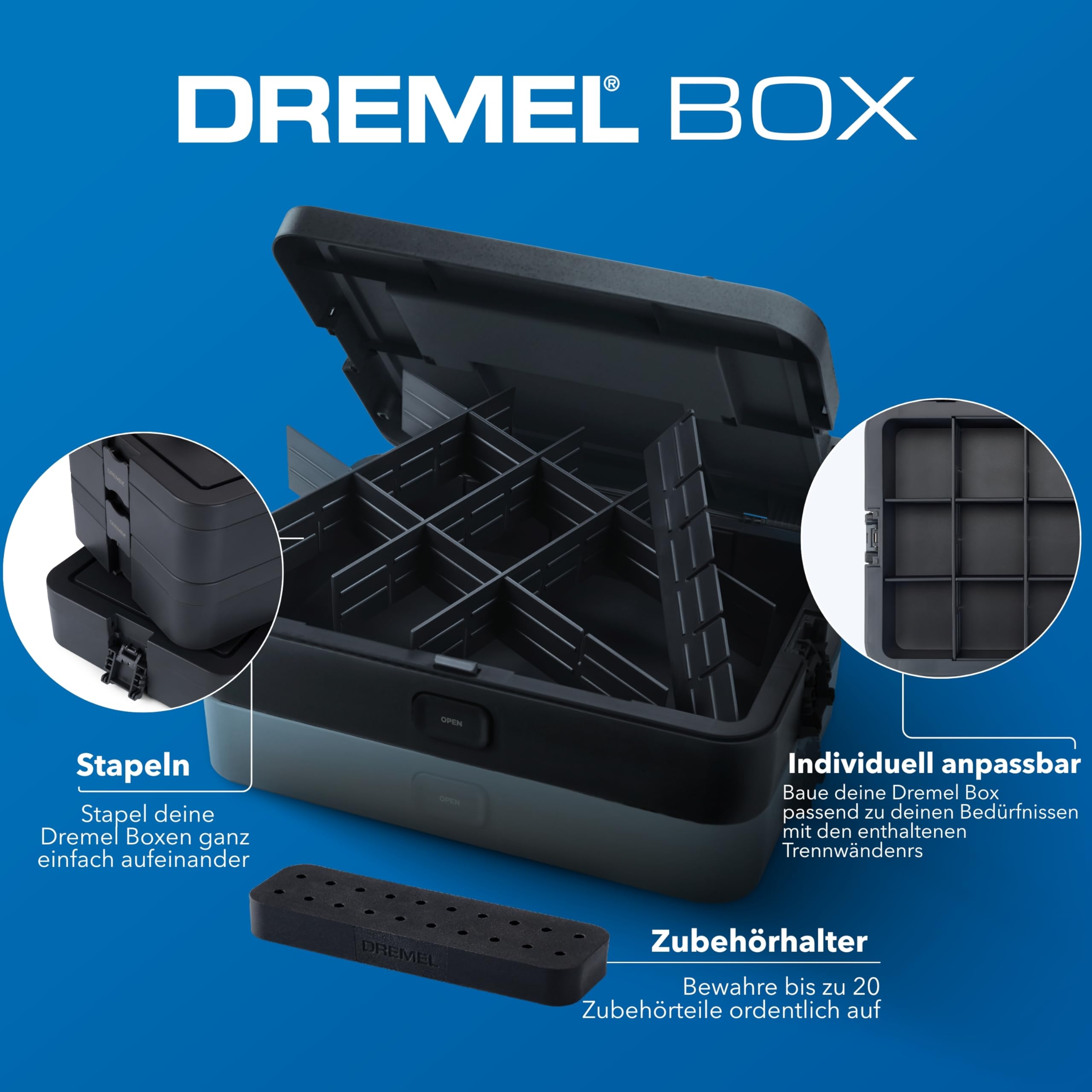 Dremel Box zur Werkzeugaufbewahrung mit 6 Trennwänden und Zubehörhalter, individuell anpassbarer Organizer für Multitool-Zubehör, Kleinteile, kompaktes & stapelbares Aufbewahrungssystem
