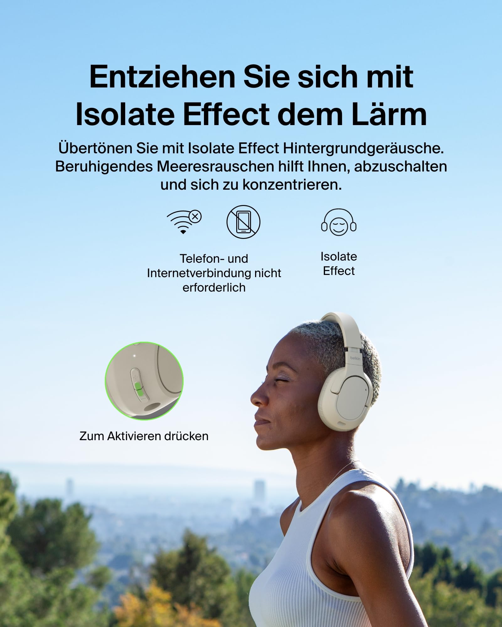 Belkin SoundForm Isolate Noise Cancelling Kopfhörer kabellos Bluetooth Kopfhörer, Headset mit Mikrofon, Over-Ear-Kopfhörer mit 60 Stunden Wiedergabe, tiefer Bass, CloudCushion Hörmuscheln – Sandfarben