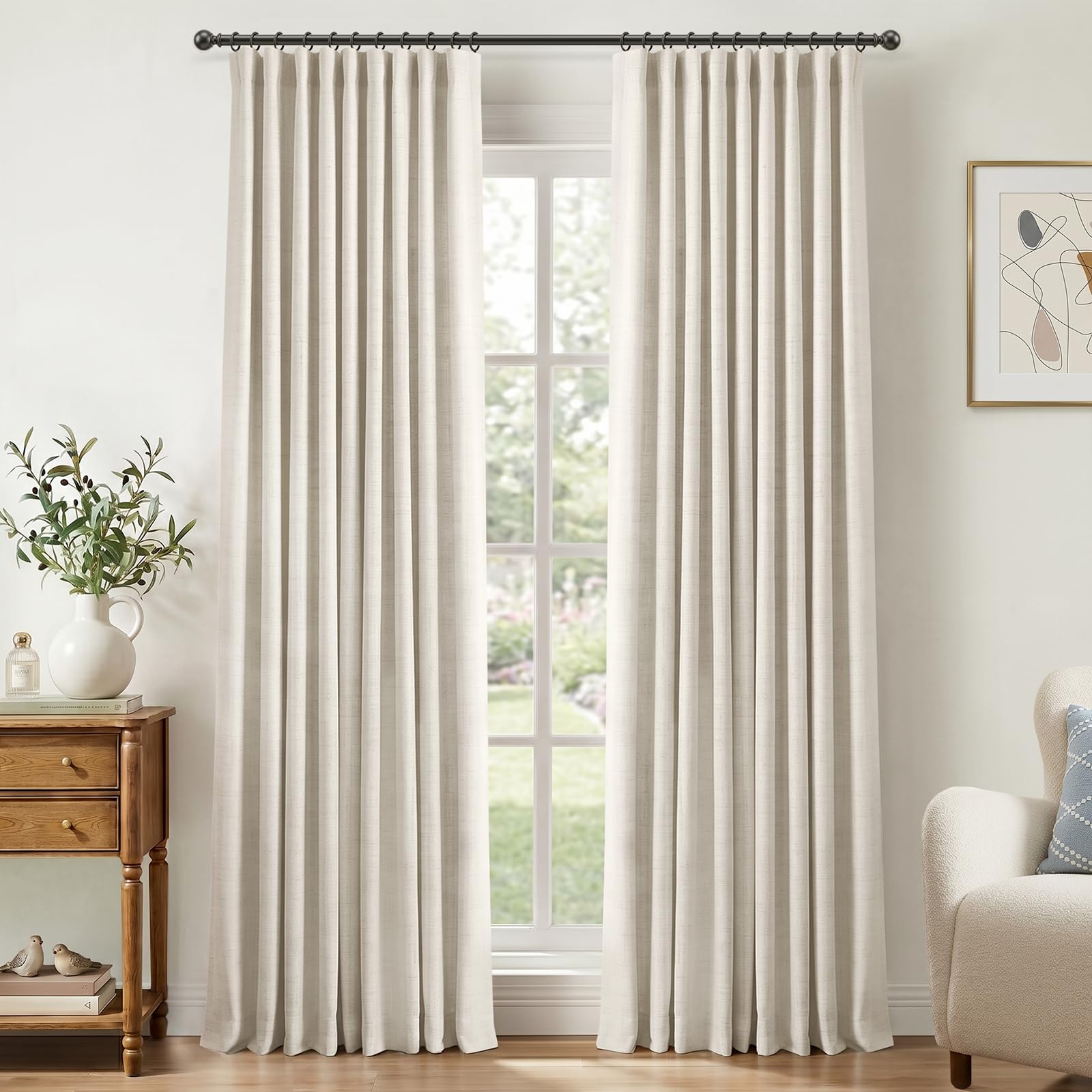 Photo 1 of 100% Blackout Shield Linen Textured Total Blackout Curtains for Bedroom 84 inch Length 2 Panels Set, Clip Rings Black Out Curtains for Living Room, Thermal Insulated, 50Wx84L, Beige