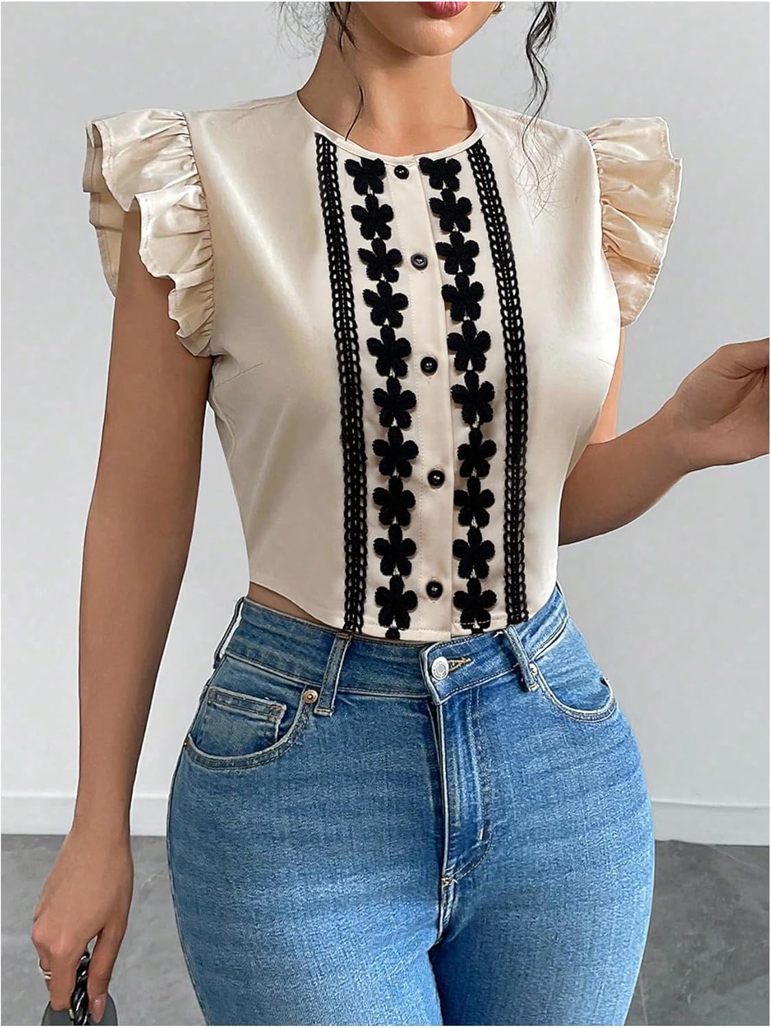 Floerns Women's Elegant Button Down Shirts Ruffle Cap Sleeve Summer Dressy Casual Blouse Tops - Image 5