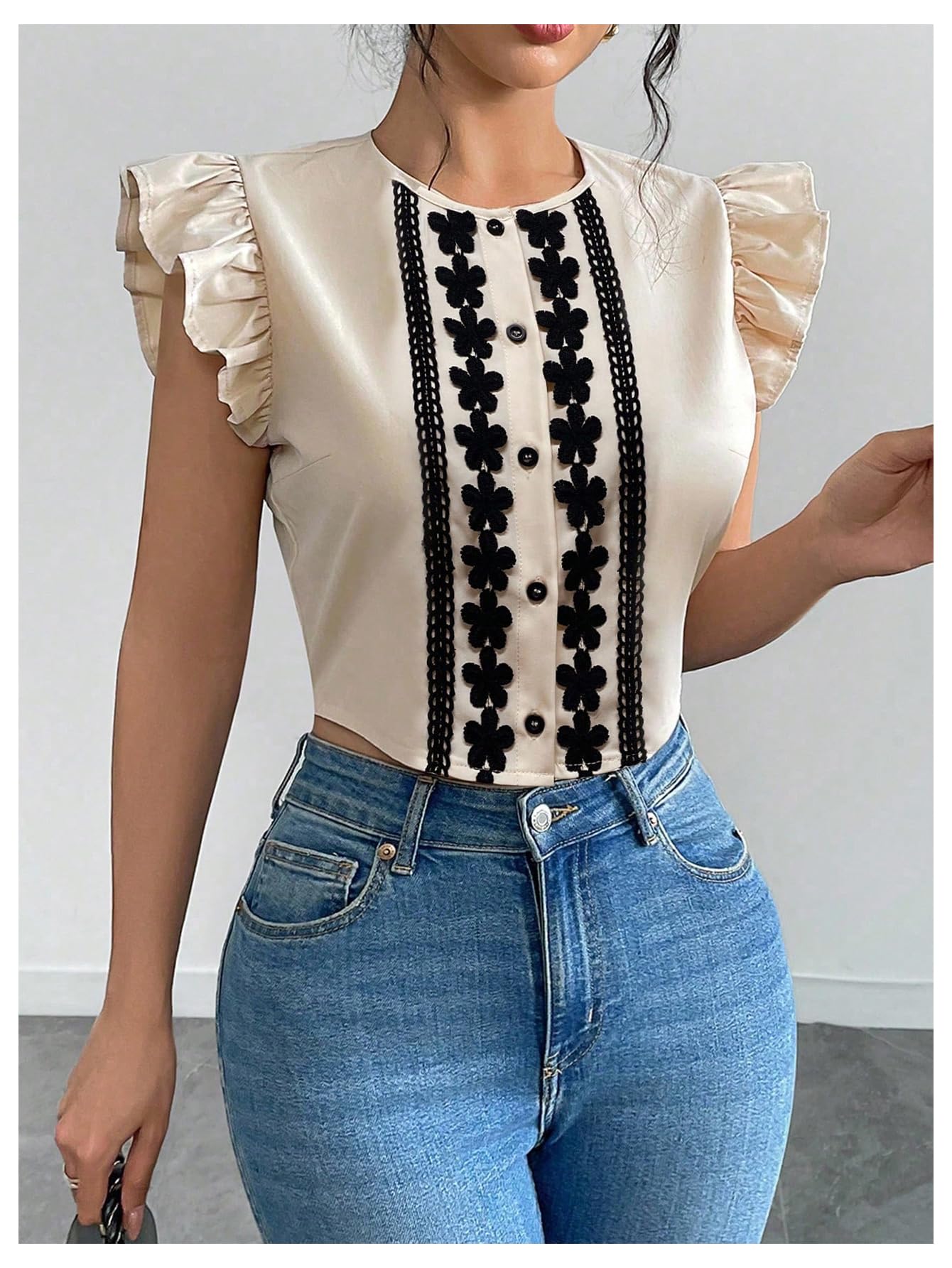 Floerns Women's Elegant Button Down Shirts Ruffle Cap Sleeve Summer Dressy Casual Blouse Tops