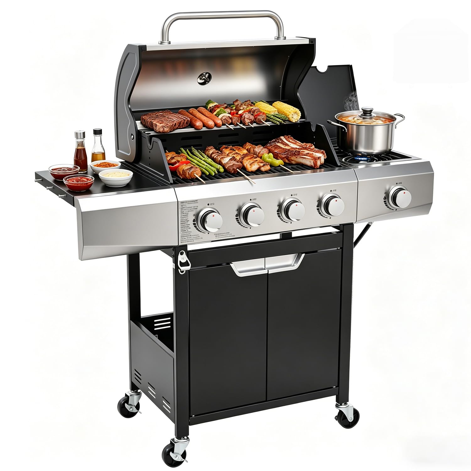 EUHOME 40,500 BTU 3-Burner Propane Gas Grill with Side Burner,Stainless Steel Outdoor BBQ Grill Portable with Wheels and Cast Iron Grates for Patio Garden Barbecue Cooking — view 12