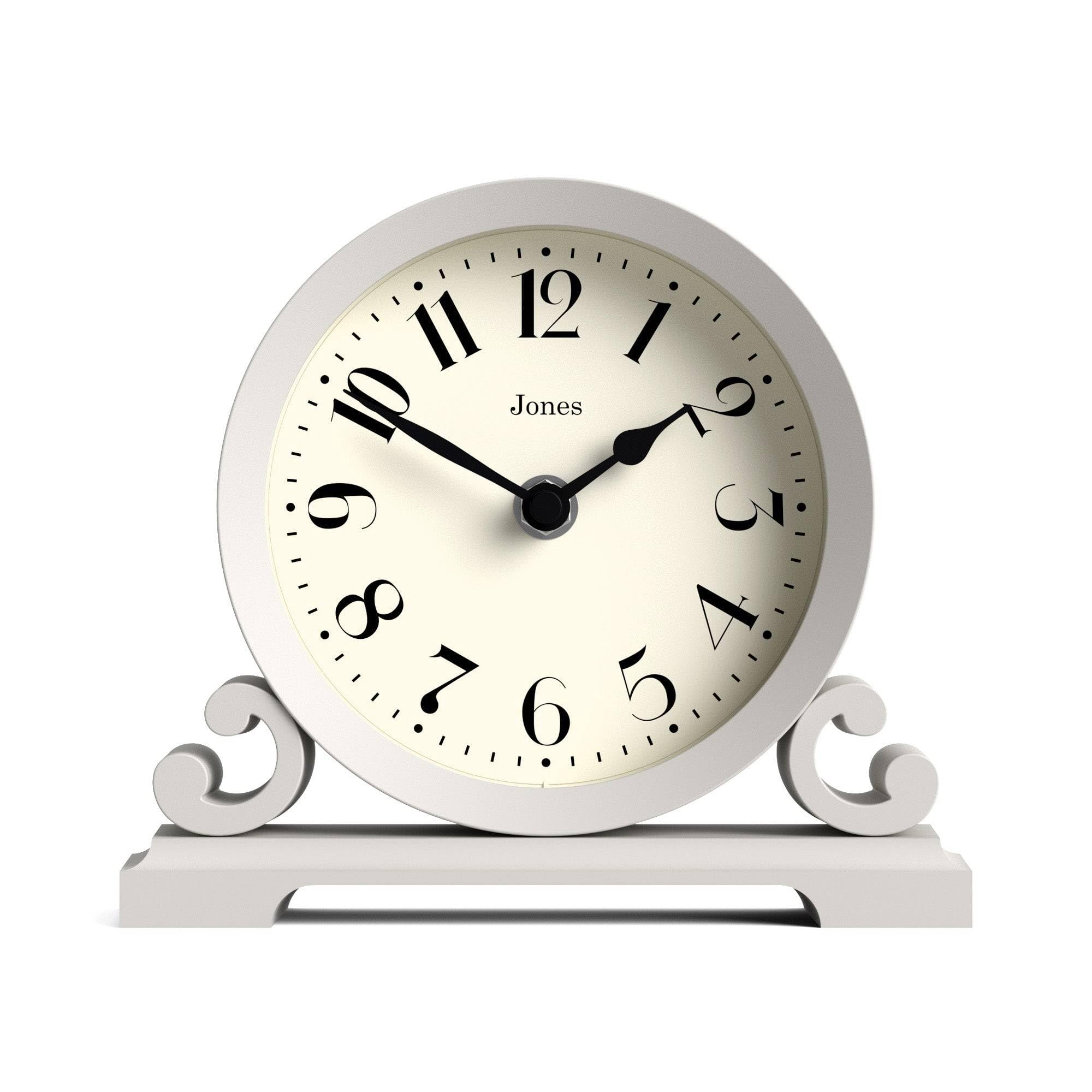 Jones Clocks® Saloon mantel clock | Traditional double scroll design | Grey | Contemporary classic style for desk, table, shelf or bedside