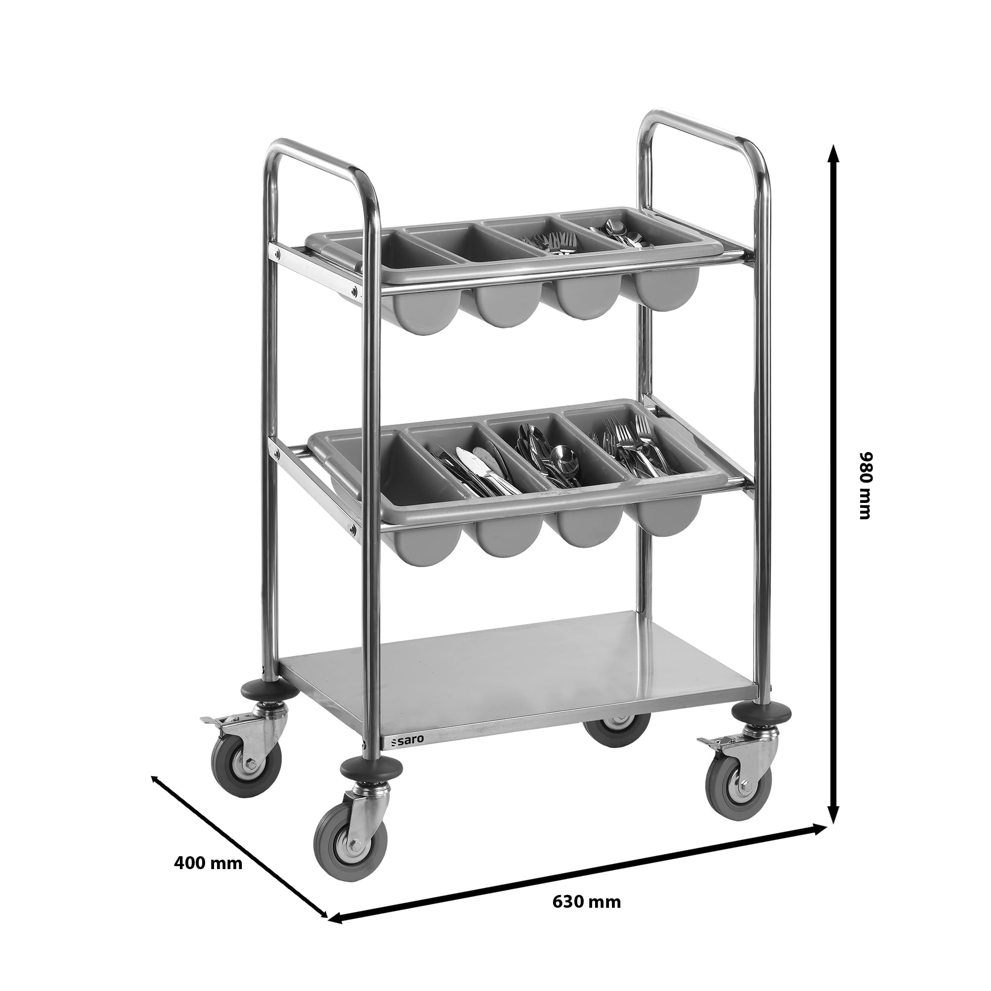 SARO INES - Carrello portaposate in acciaio inox, con 2 portaposate, ripiano inferiore, per piatti, tazze, bicchieri, 4 ruote, di cui 2 con freno