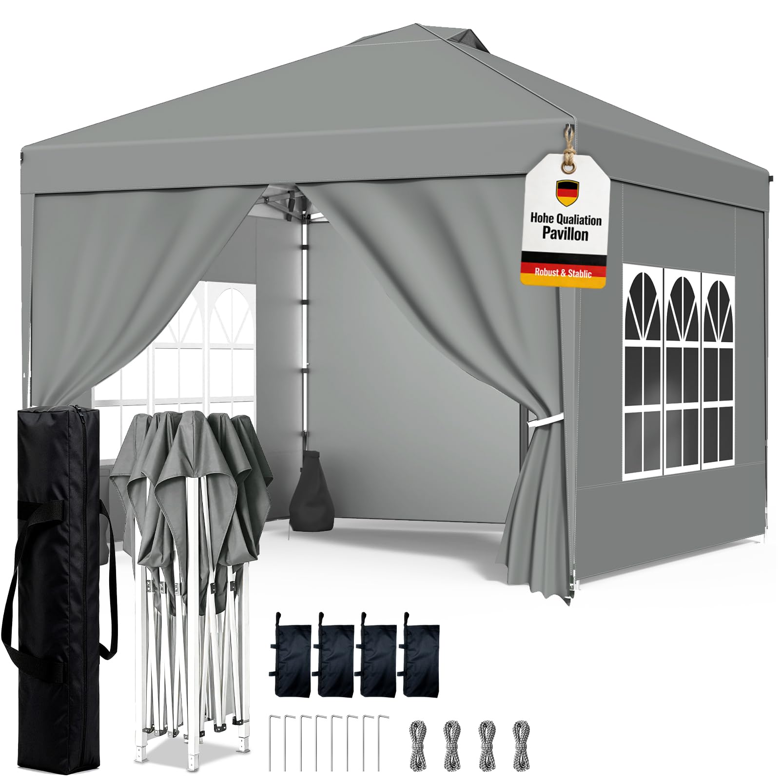 Tonnelle 3x3m Imperméable, Toile PU1500mm & Structure Acier - Tonnelle Pliante Hivernable avec Paroi Latérale & Réglage Hauteur One-Push - (INCL. 4X Sac de Sable & Accessoires,Gris argenté)