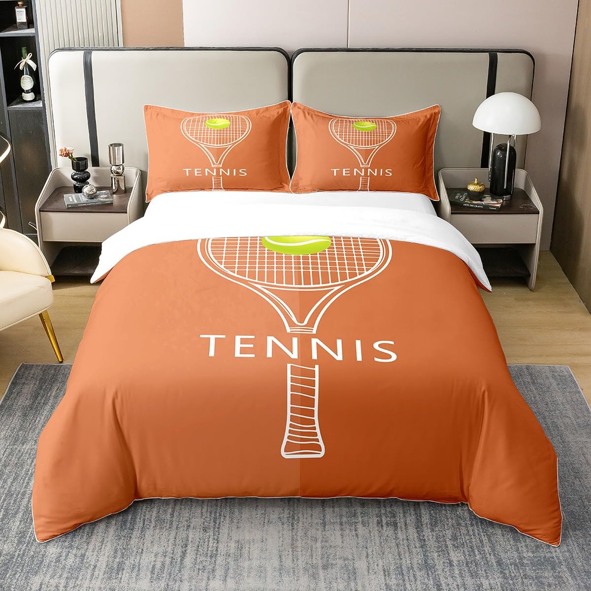 3 Pieces Boys Girls Tennis Duvet Cover 100% Cotton Full,Outdoor Sport Cartoon Tennis Racket and Ball Comforter Cover with Zipper Closure,3D Ball Pattern Watercolor Sport Bedding (Not Comforter)