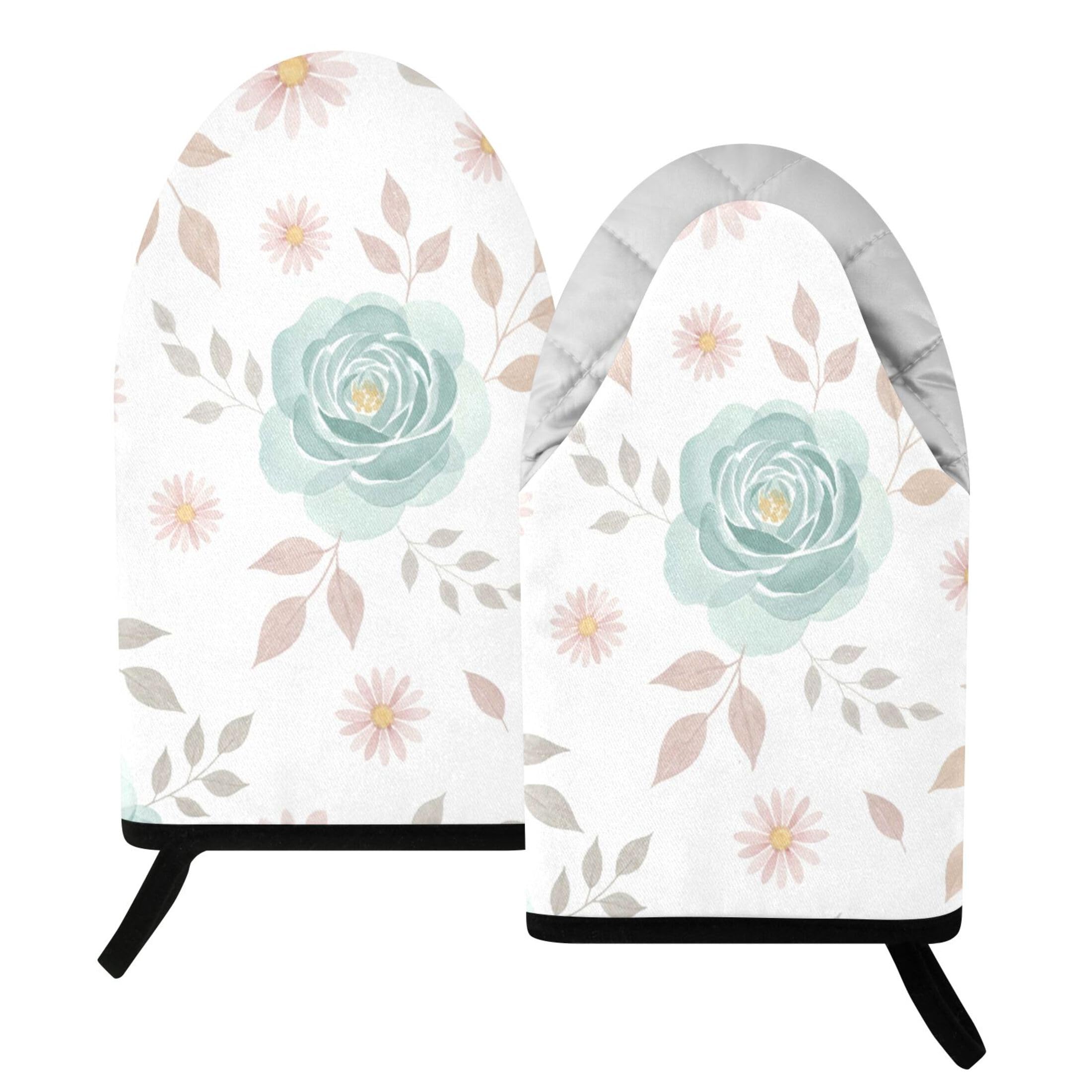 Fuauuyl Oven Mitts Heat Resistant Kitchen Gloves, Flowers Classic Oven Gloves with Hanging Loop for Baking BBQ Cooking Grilling, 1 Pair, 9.5 in