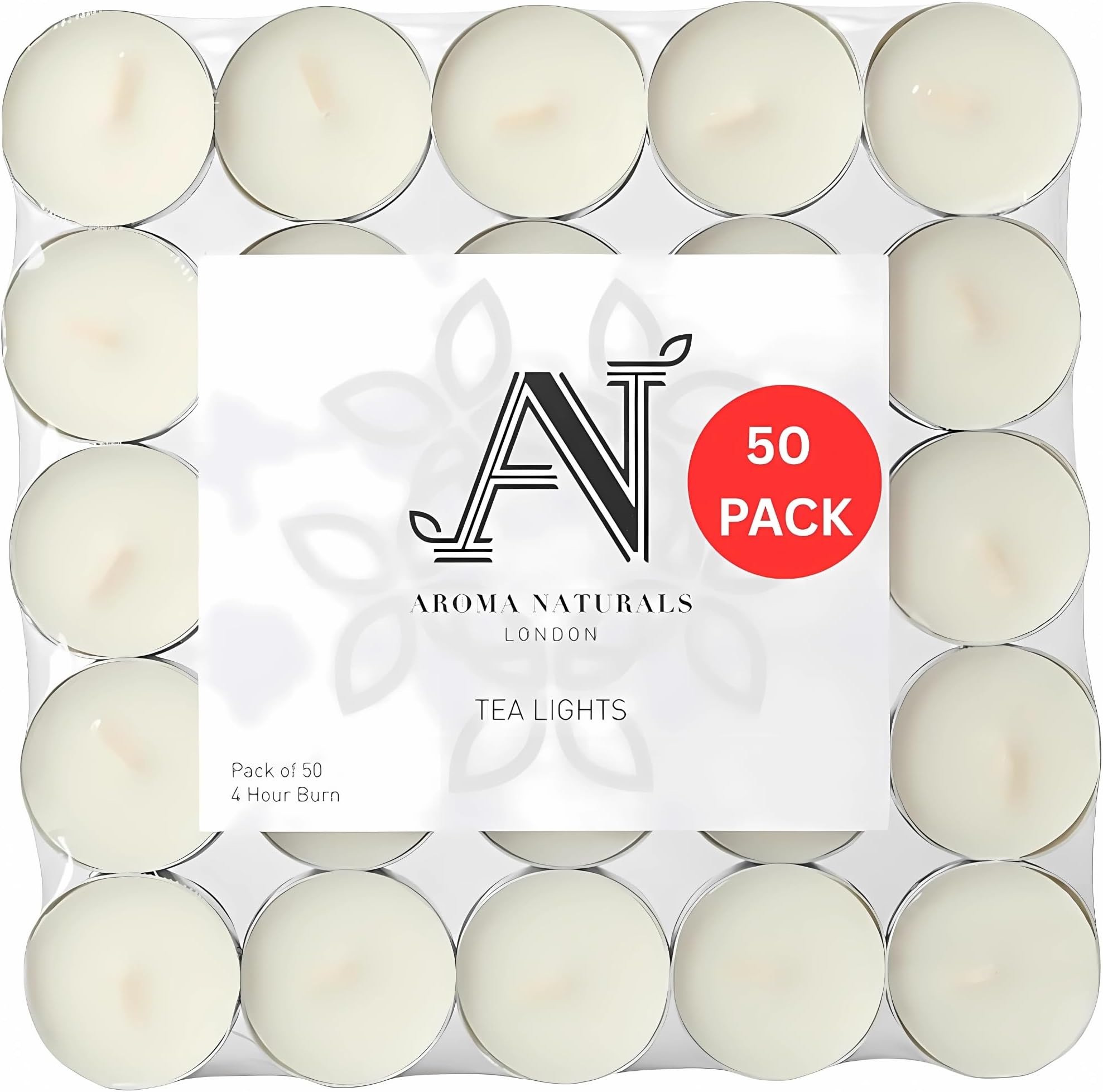 London Unscented Tealight Candles Pack of | 4-Hour Slow Burn Time | Standard Size D3.8 x H1.45cm | White Wax Candlelight | Aluminium Cups Tea Lights | Bag of (50pk, 1, Count)