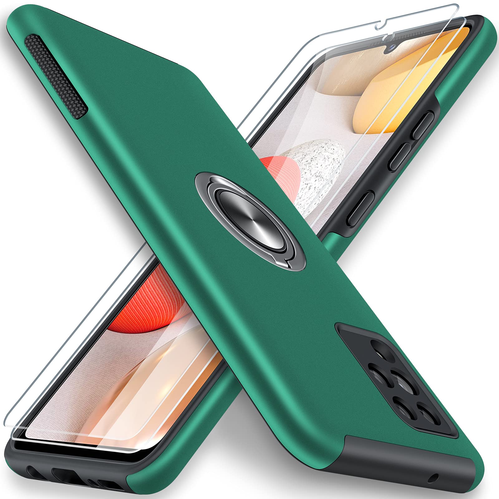 JAME for Samsung Galaxy A42 Case with [2 Pack] Tempered-Glass Screen Protector, Slim Soft Heavy Duty Cover for Samsung A42 5G Case, with Invisible Ring Holder Kickstand for Galaxy A42 5G Case (Green)